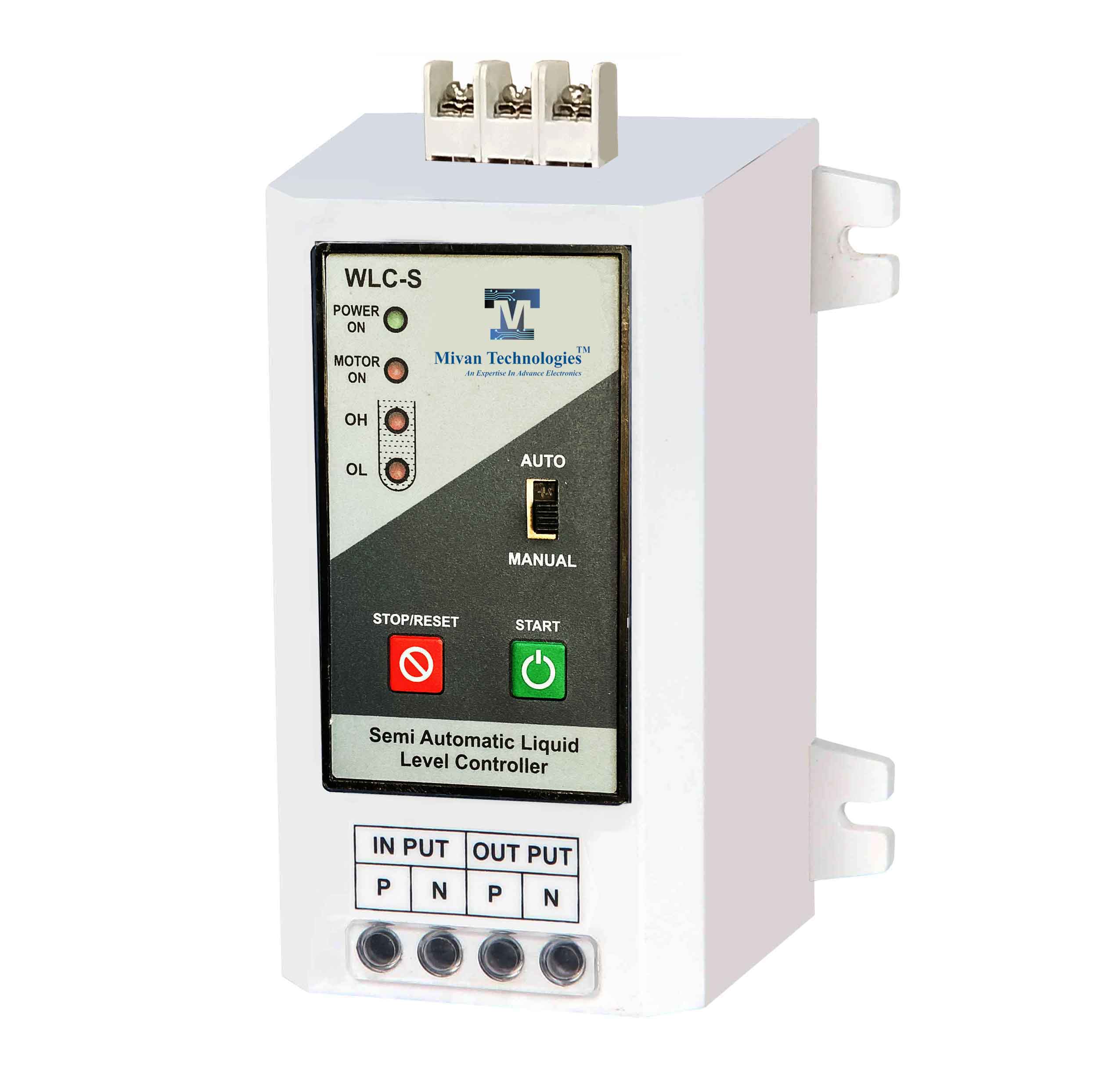 Semi Automatic Water Level Controller with auto and bypass mode and extra indication It start motor by pressing start button and it will automatically switch off motor when the tank full WLC RL