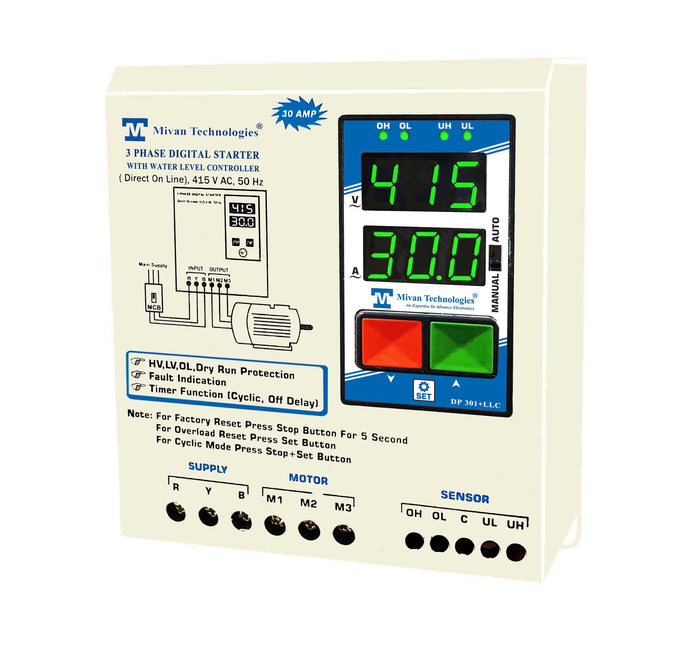 3 phase water level controller with DOL DIGITAL starter suitable for motor up to 10 HP with HV LV OL DRY protection with SPP, AUTOSWITCH, TIMER