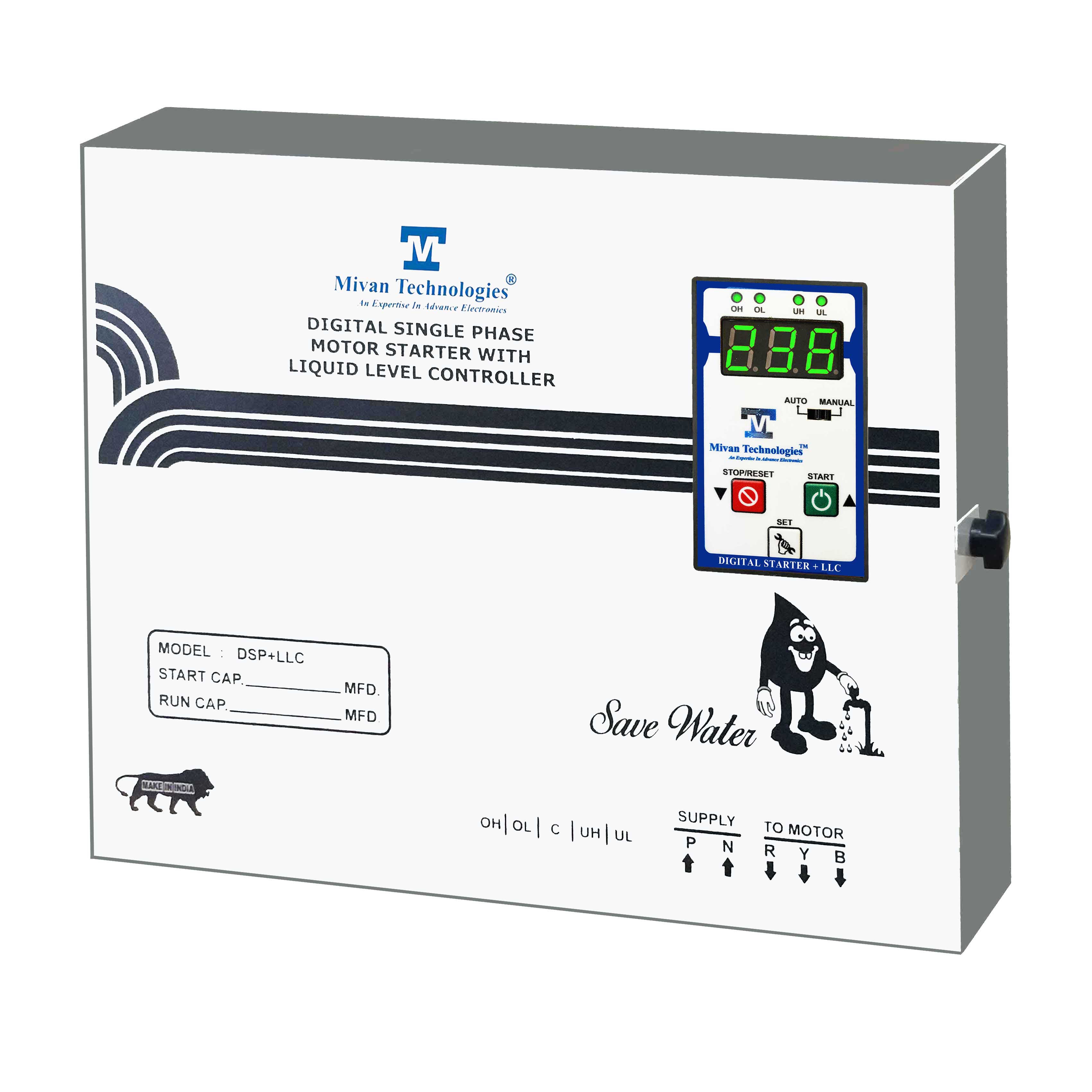 DSL SR for 2 HP motor Digital water level controller and starter panel with volt and amp miter with HV LV OL DRY protection