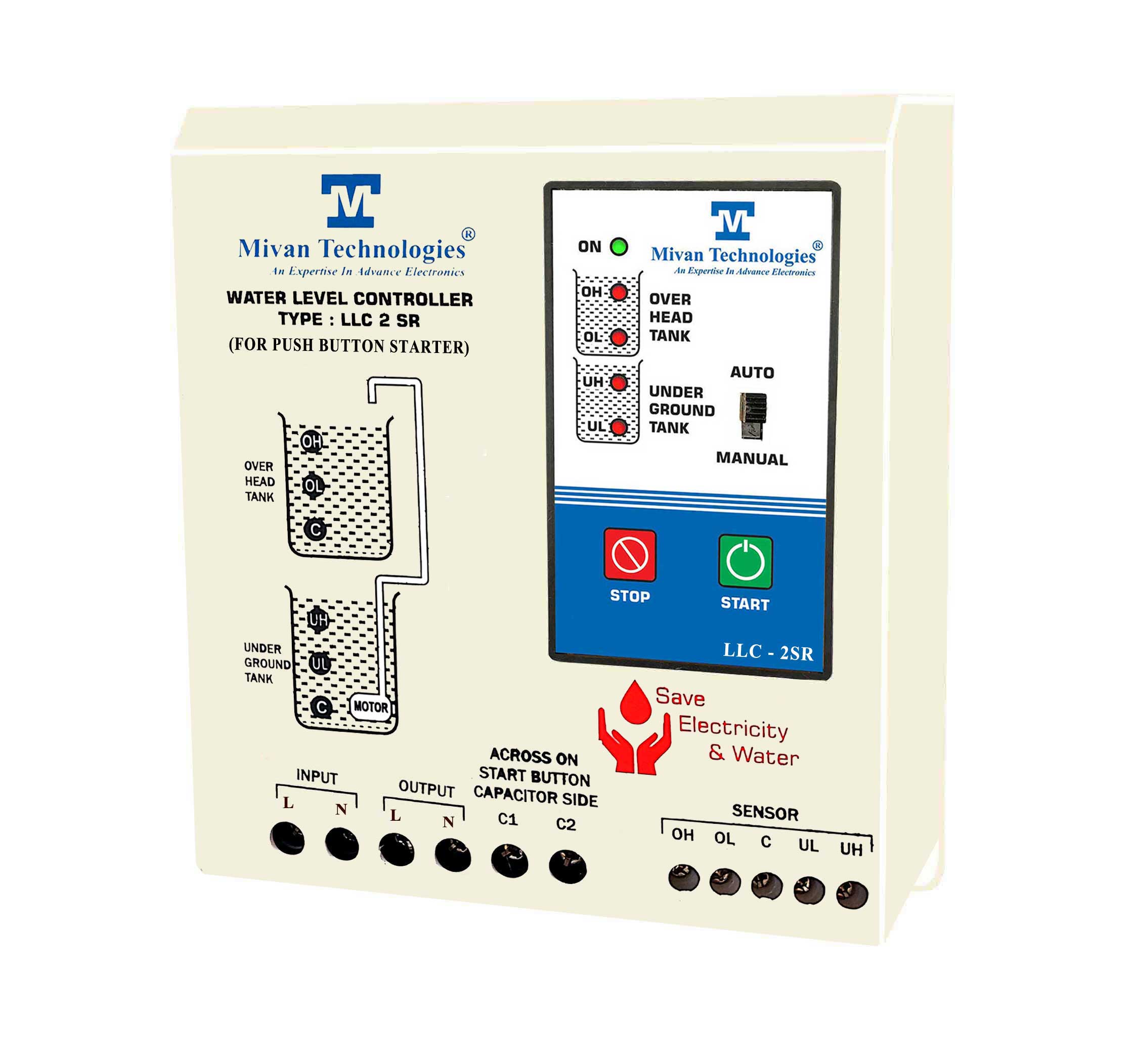 Water level controller for single phase push button type starter panel fully automatic with 6 sensors LLC 2SR