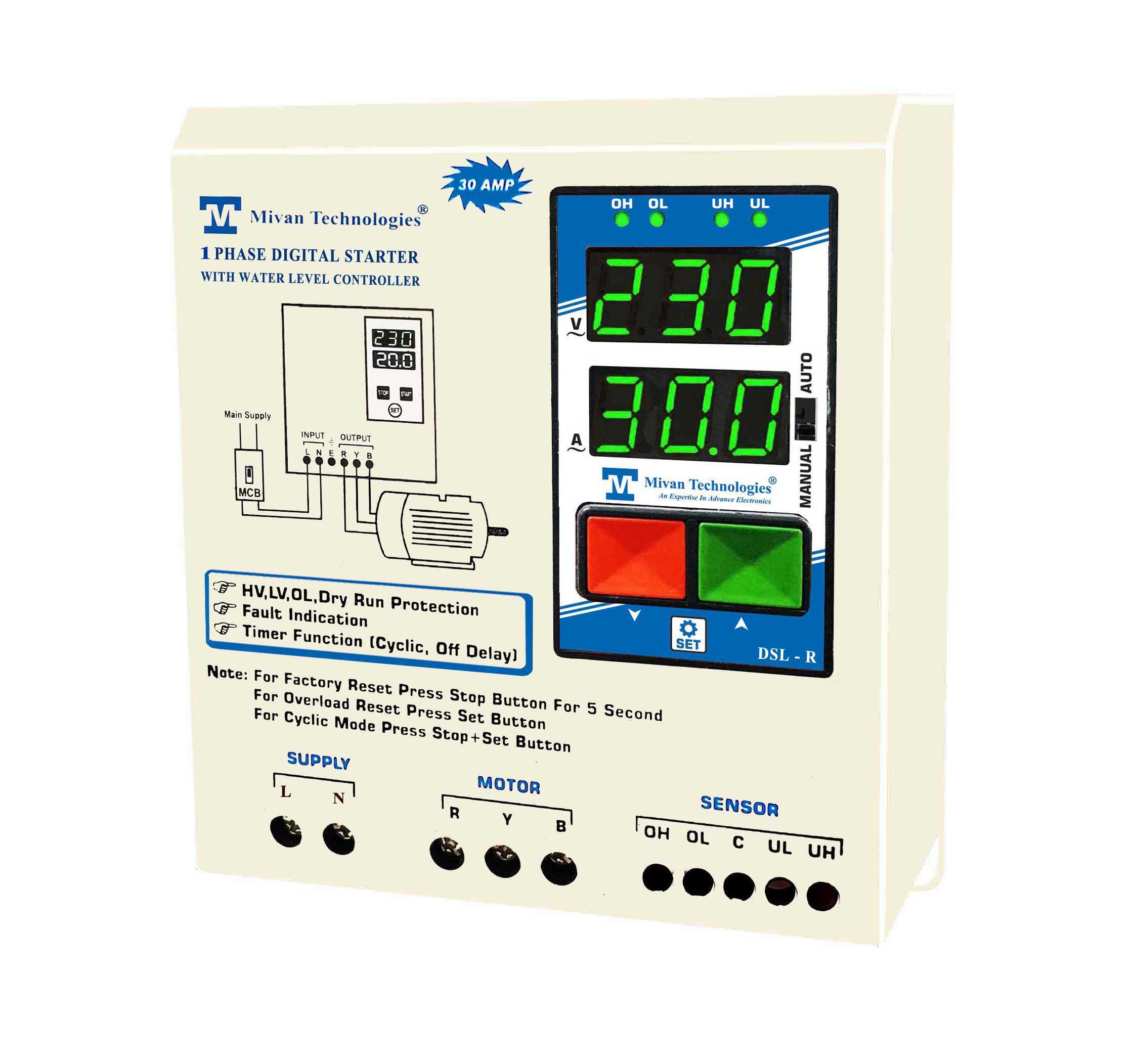 DSL R Digital water level controller and starter panel with HV LV OL DRY protection with cyclic timer and delay timer