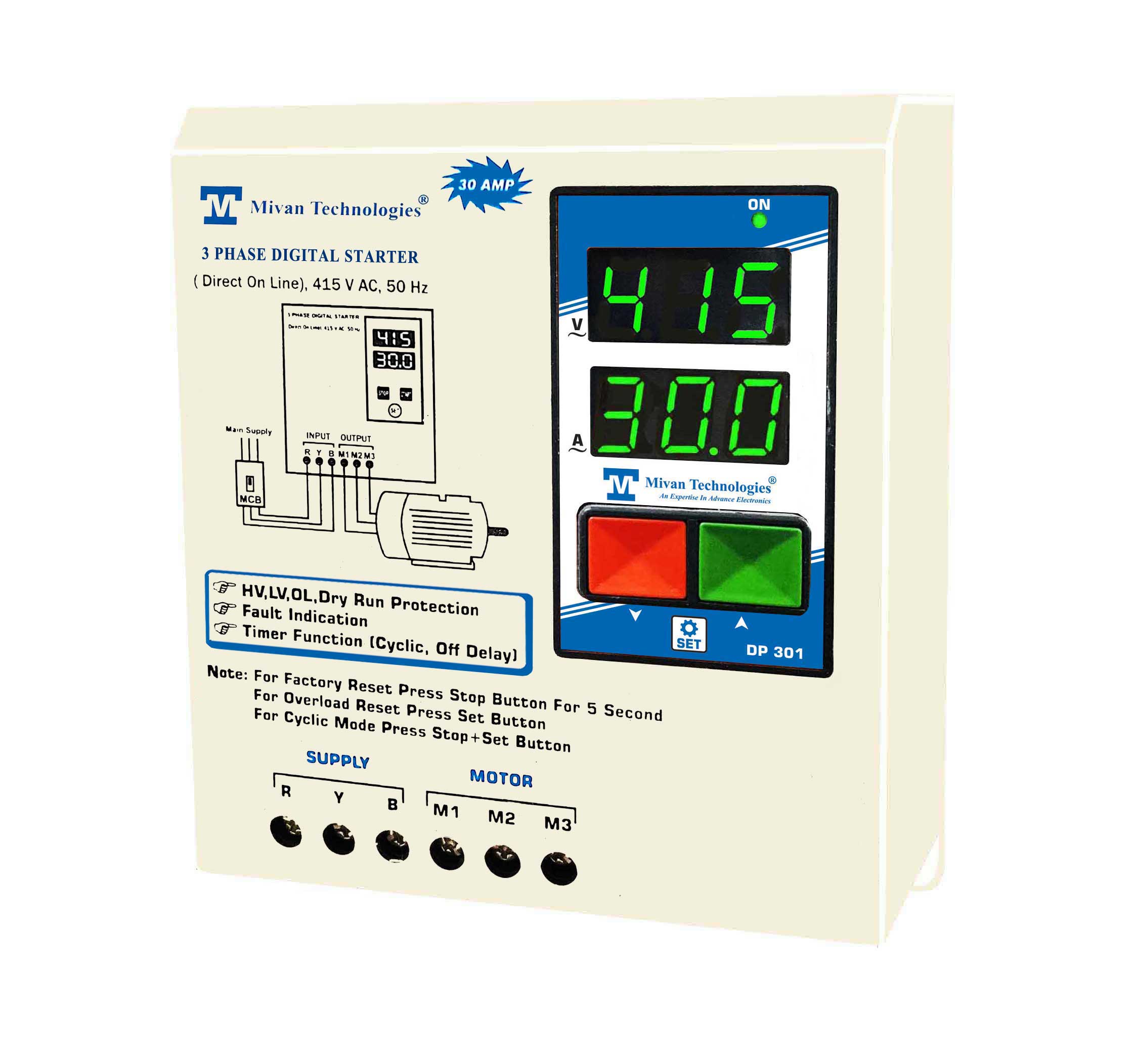 DP301 3 Phase DOL Digital Starter for 3 Phase Motor Suitable up to 10 hp Motor with HV LV OL Dry protections with cyclic timer and Auto switch