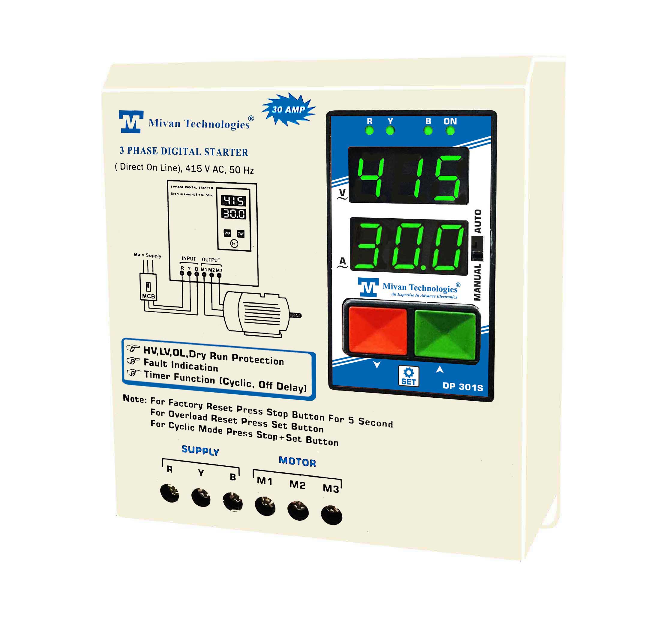 3 Phase DOL Digital Starter for 3 Phase Motor Suitable up to 10 hp Motor with SPP HV LV OL Dry protections with cyclic timer  DP 301S