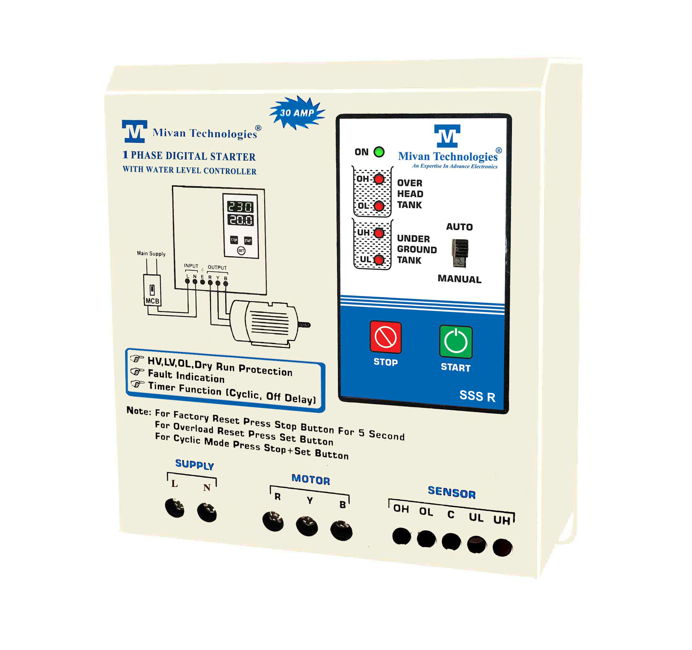 SSS R Fully automatic water level controller with starter For Up and Down Tank With 6 Sensors