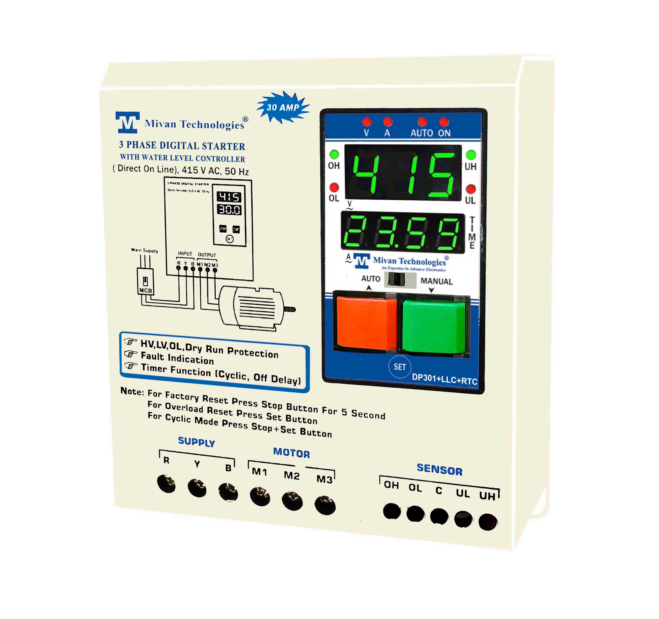 DP301 LLC RTC 3 PHASE Digital water controller with REAL TIME TIMER with DOL starter with V A meter with HV LV OL DRY PROTECTION with cyclic TIMER with SPP and Auto switch