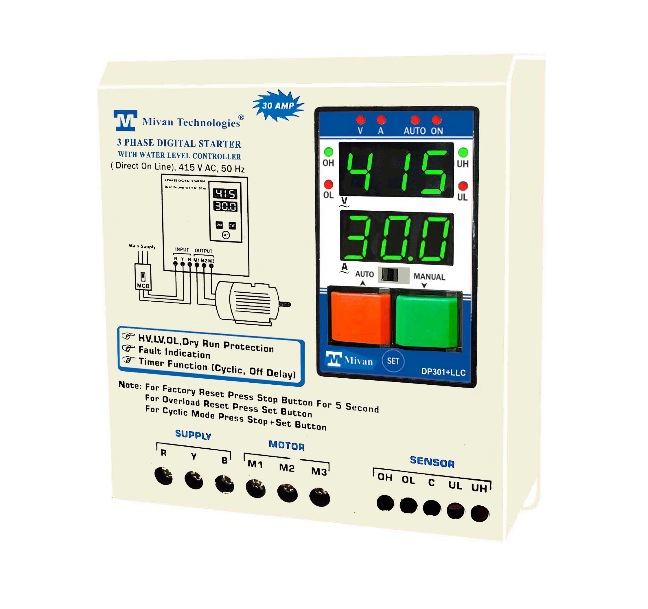 DP301 LLC 3 phase water level controller with DOL DIGITAL starter suitable up to 10 HP motor with HV LV OL DRY protection with SPP, AUTOSWITCH, TIMER