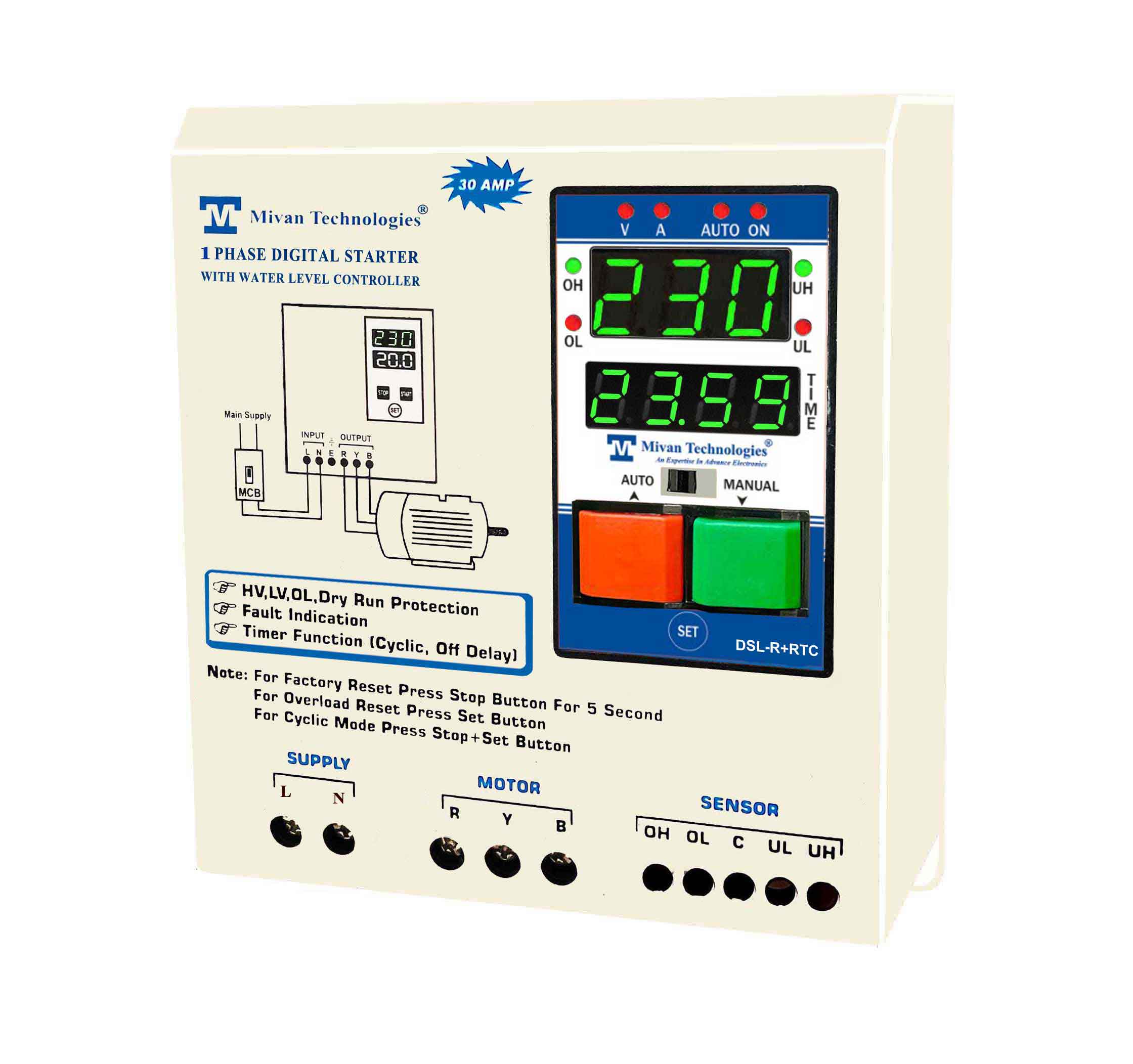 DSL R RTC Digital water level controller with REAL TIME TIMER with single phase starter with V A meter with HV LV OL DRY PROTECTION with cyclic TIMER