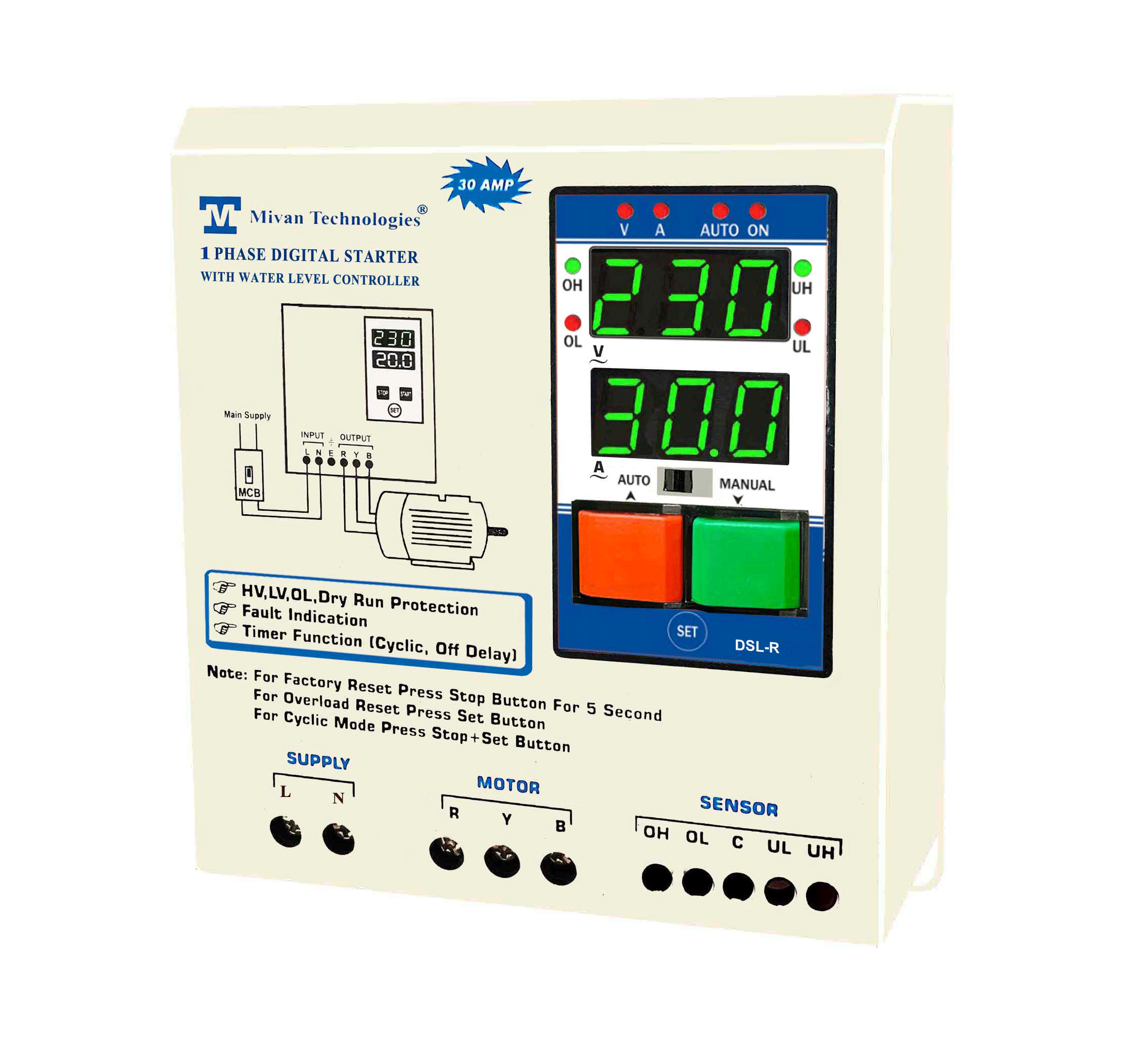 DSL R 2D Digital water level controller with volt and amp meter with HV LV OL DRY PROTECTION cyclic timer