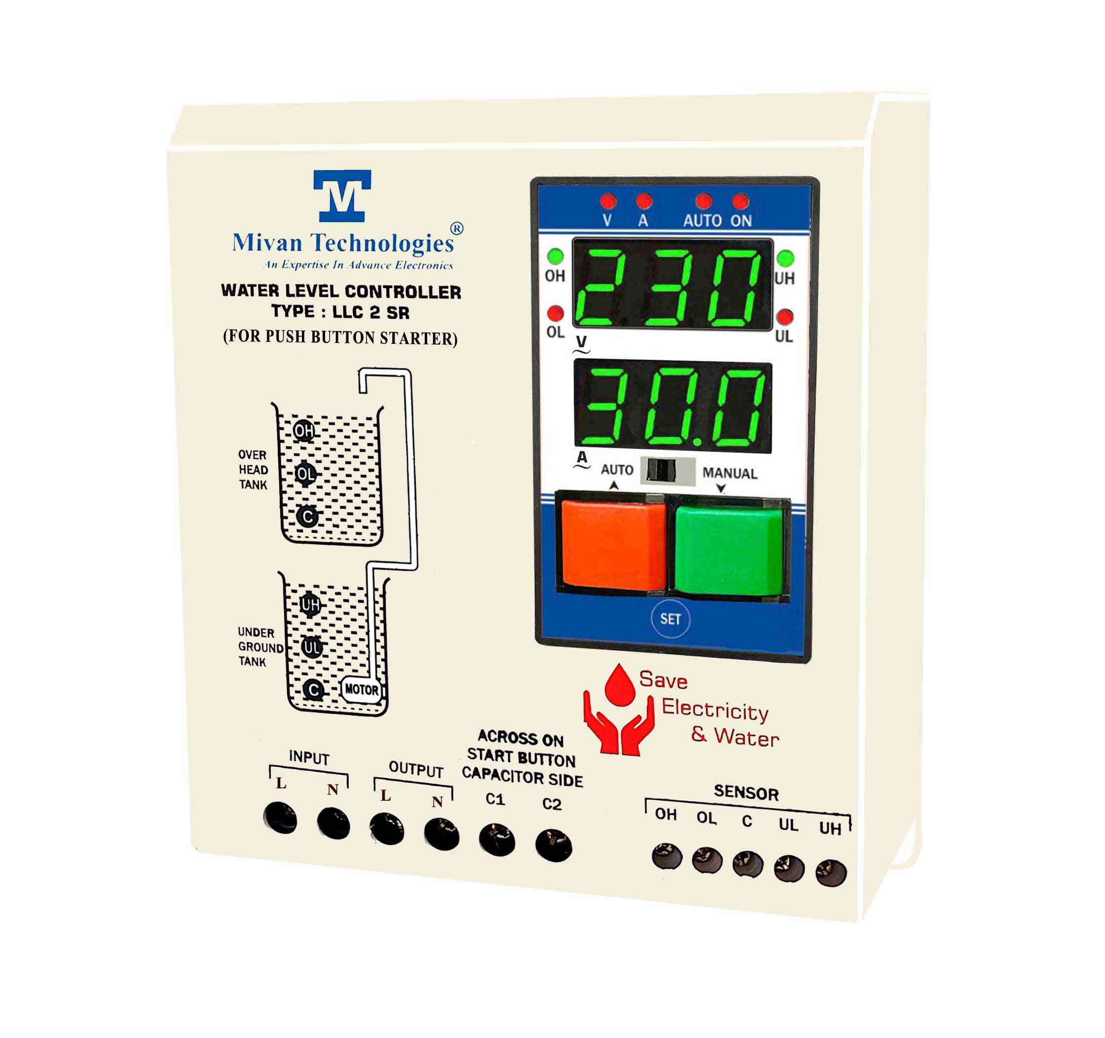 DSL 2SR  Digital water level controller for push button starter panel with V A meter with HV LV OL DRY PROTECTIONS CYC timer