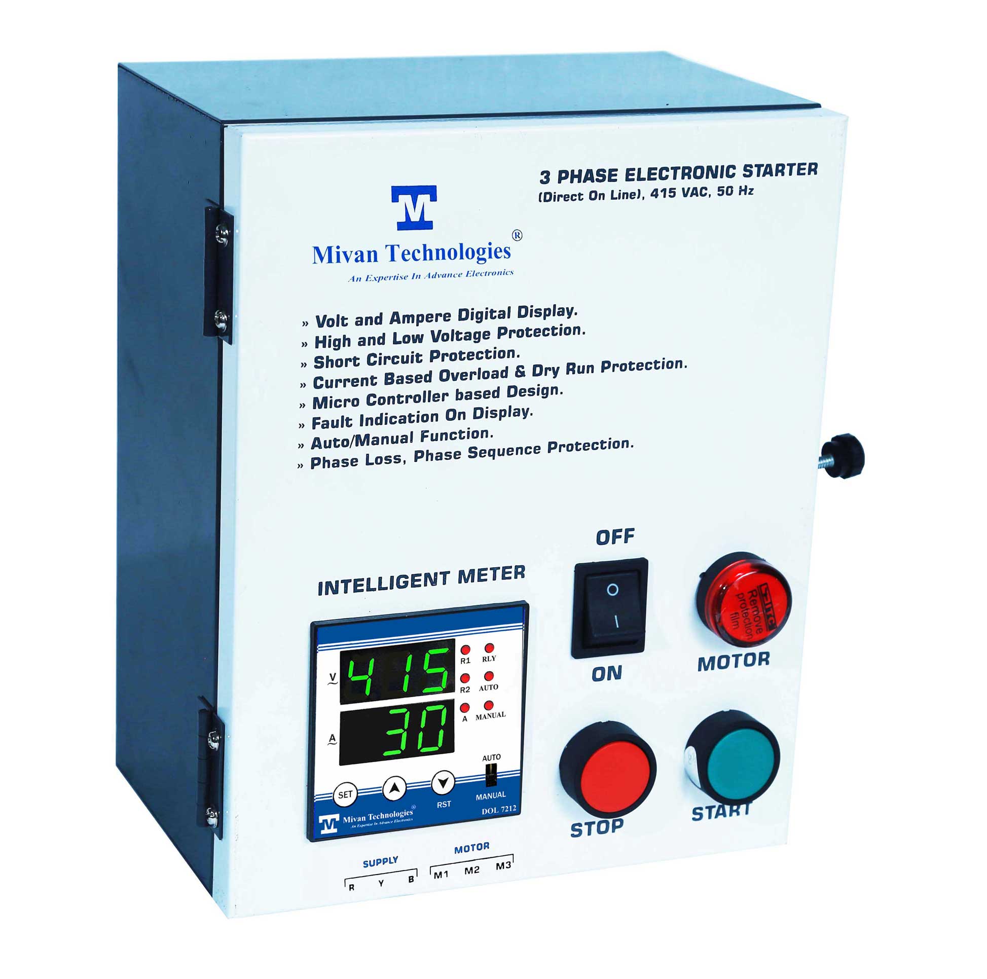 3 phase Heavy Duty DOL motor starter with HV LV OL Dry protection with Auto switch spp and timer suitable up to 7.5 hp DOL HD 18 A