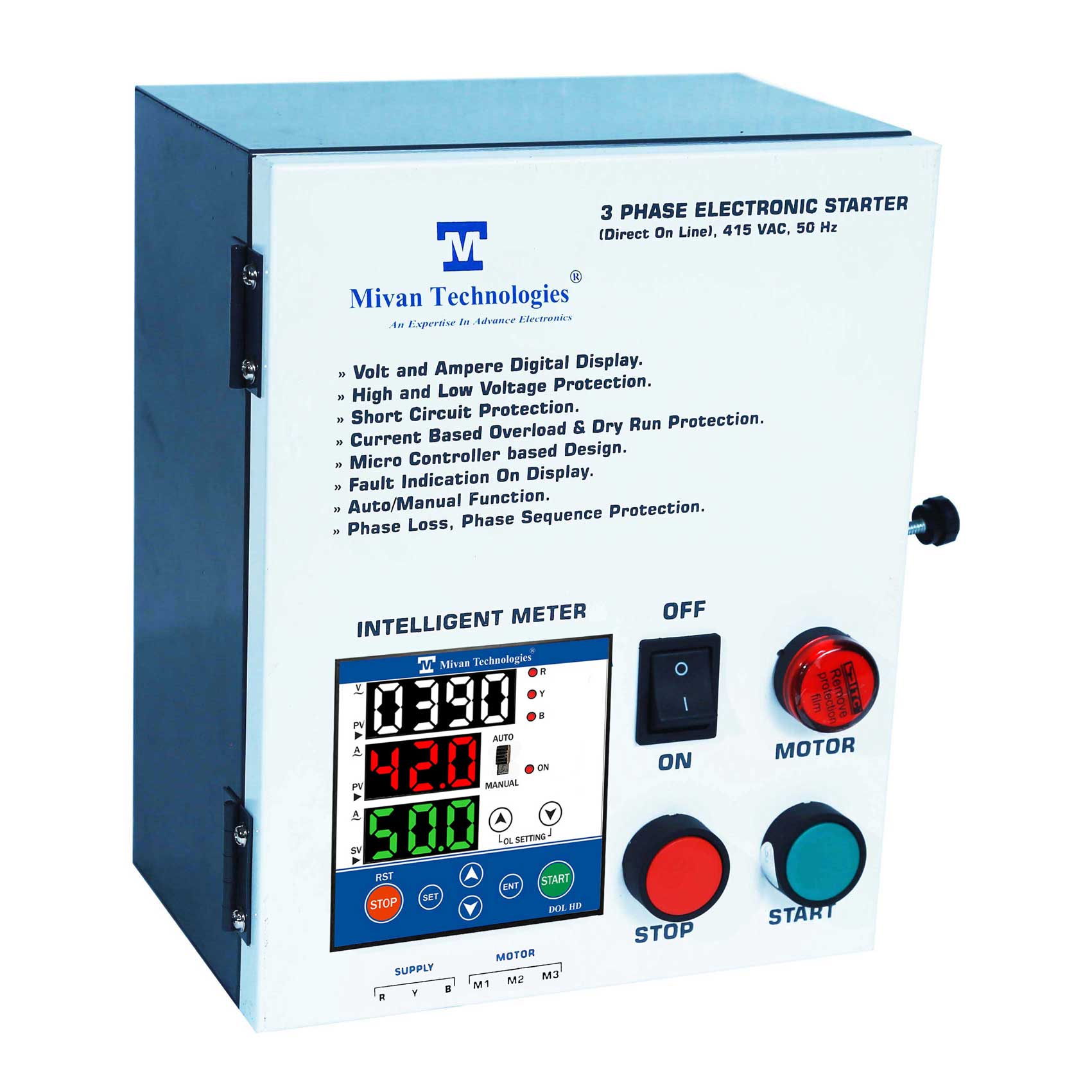 3 phase 3 display Heavy Duty DOL motor starter with HV LV OL Dry protection with Auto switch spp and timer suitable up to 7.5 hp DOL HD 3D 18 A