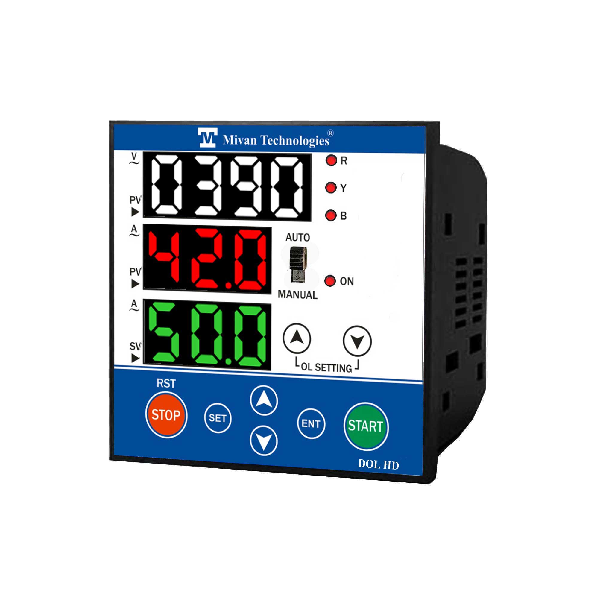 DOL 3D 3 display instrument to design any hp DOL starter to provide HV LV OL Dry protection with timer spp auto switch