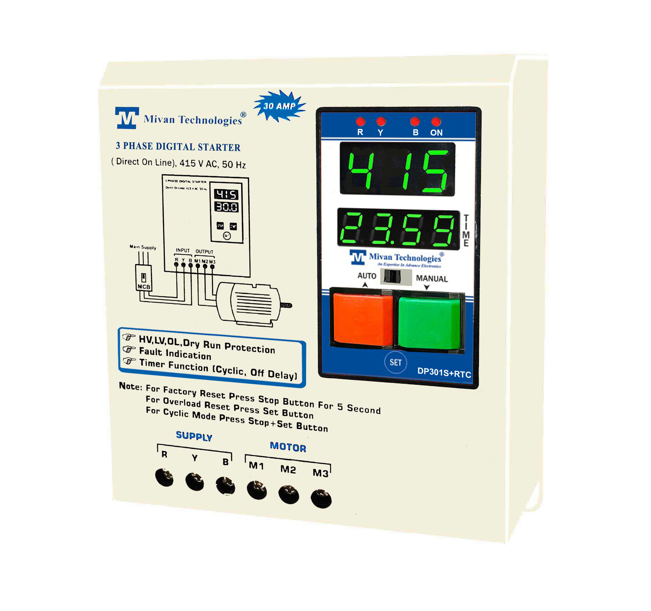 DP301S  RTC 3 PHASE Digital DOL starter with REAL TIME TIMER with V A meter with HV LV OL DRY PROTECTION with cyclic TIMER with SPP and Auto switch