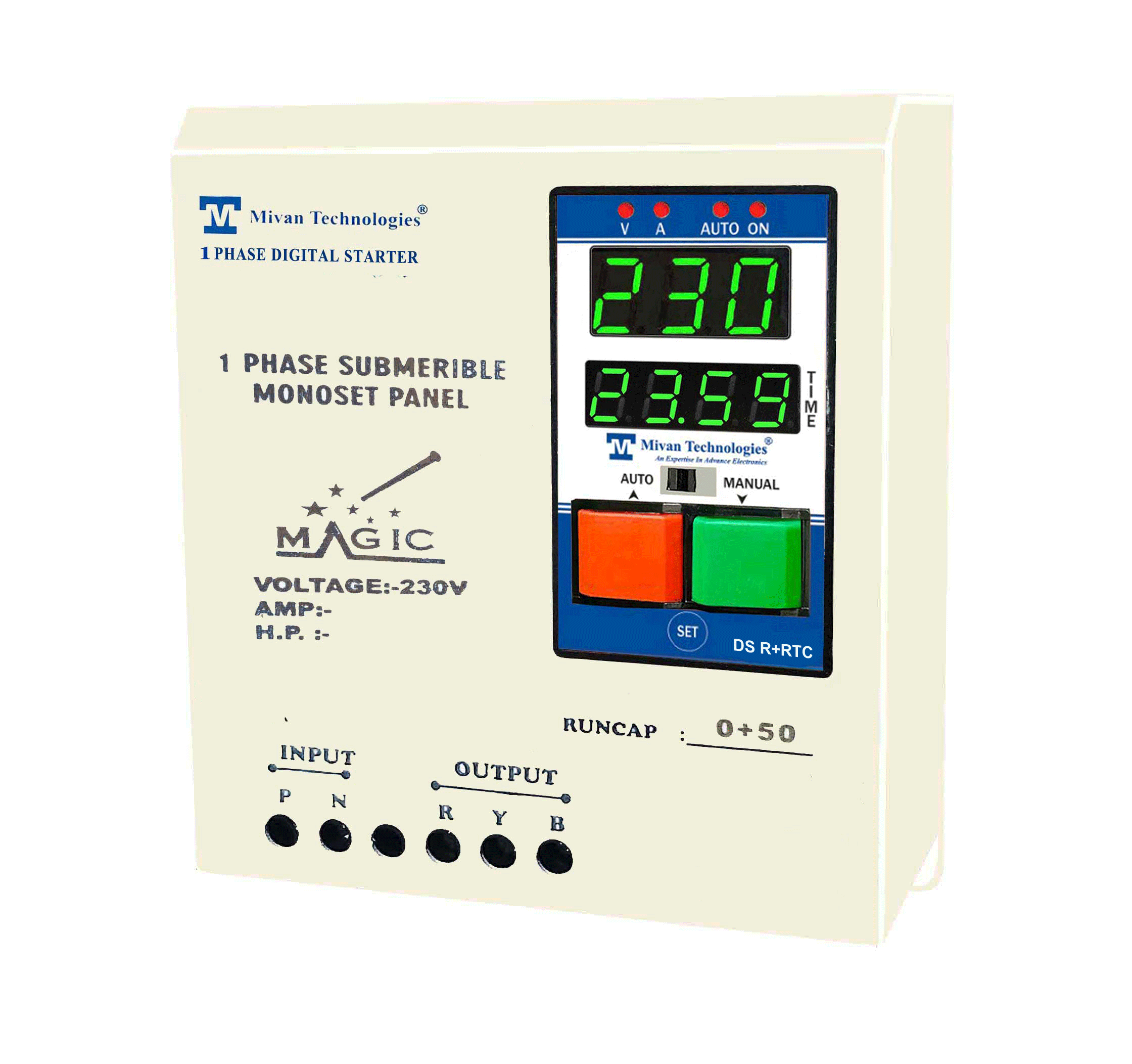 DS R RTC Single Phase Digital starter with REAL TIME TIMER with V A meter with HV LV OL DRY PROTECTION with cyclic TIMER