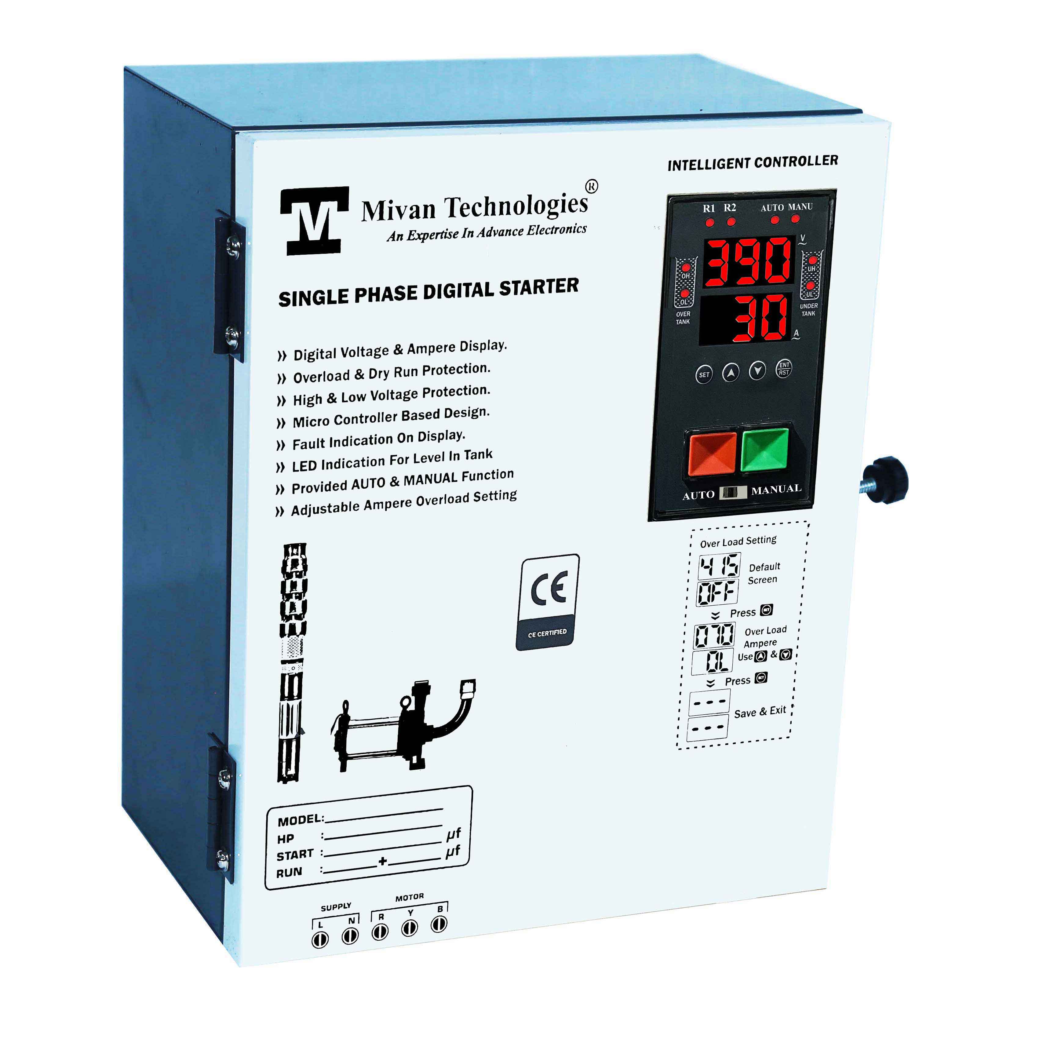 DS SR 96 single phase Digital motor starter panel with volt and amp meter with HV LV OL DRY RUN Protection with CYCLIC timer 2 contactor