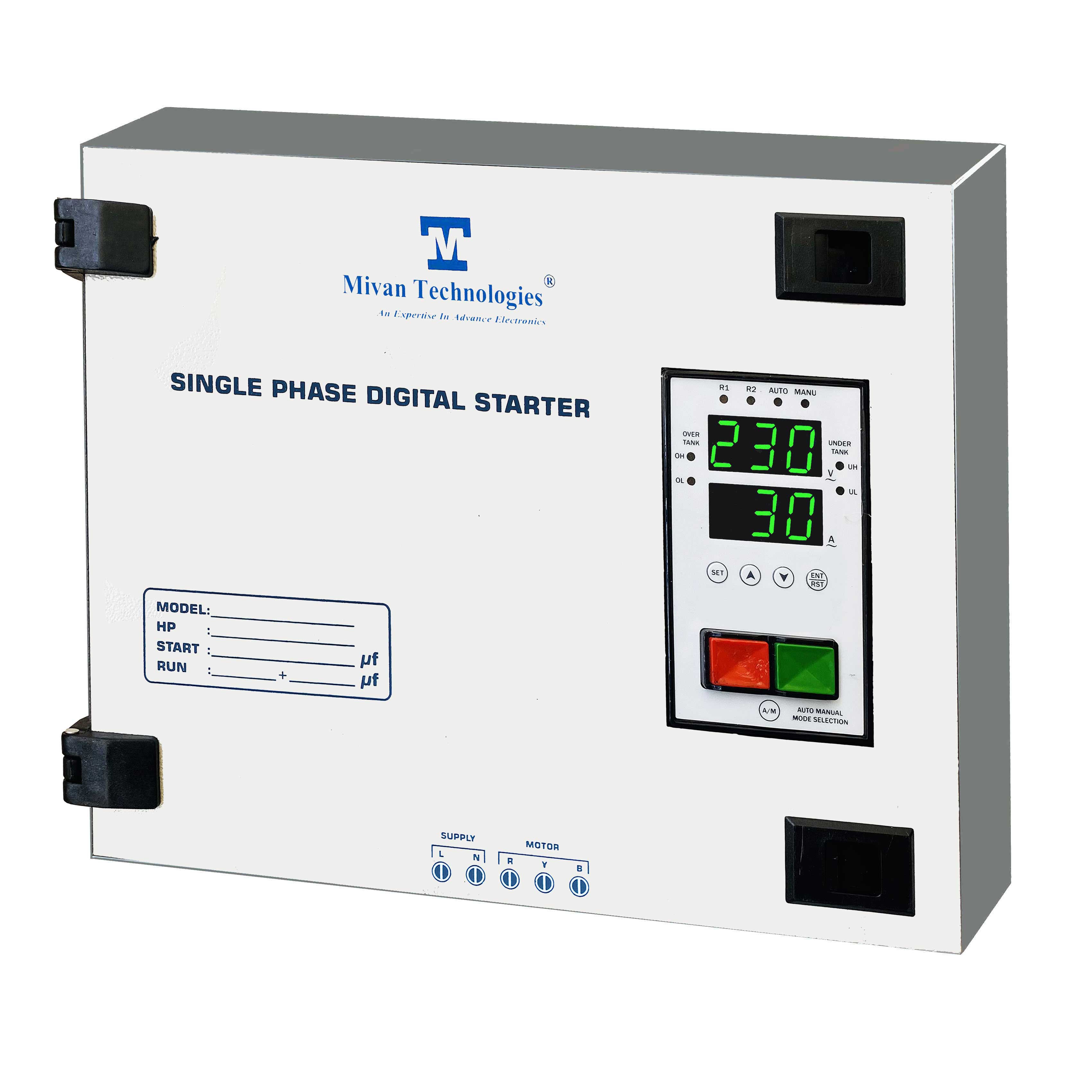 DS SR FLOAT single phase Digital motor starter panel with volt and amp meter with HV LV OL DRY RUN Protection with CYCLIC timer