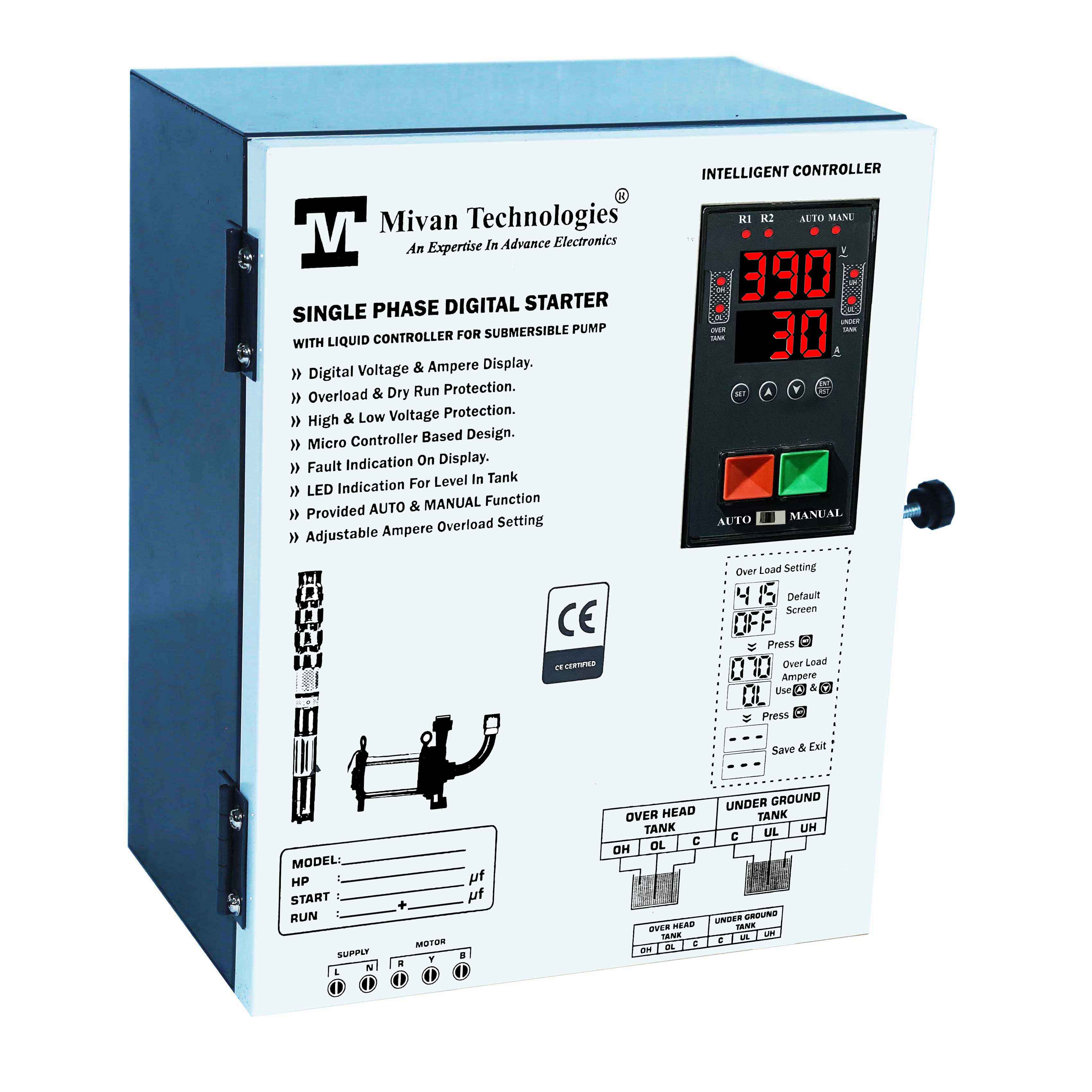 DSL SR for 1 HP motor Digital water controller and starter panel with volt and amp meter with HV LV OL DRY protection cyclic timer