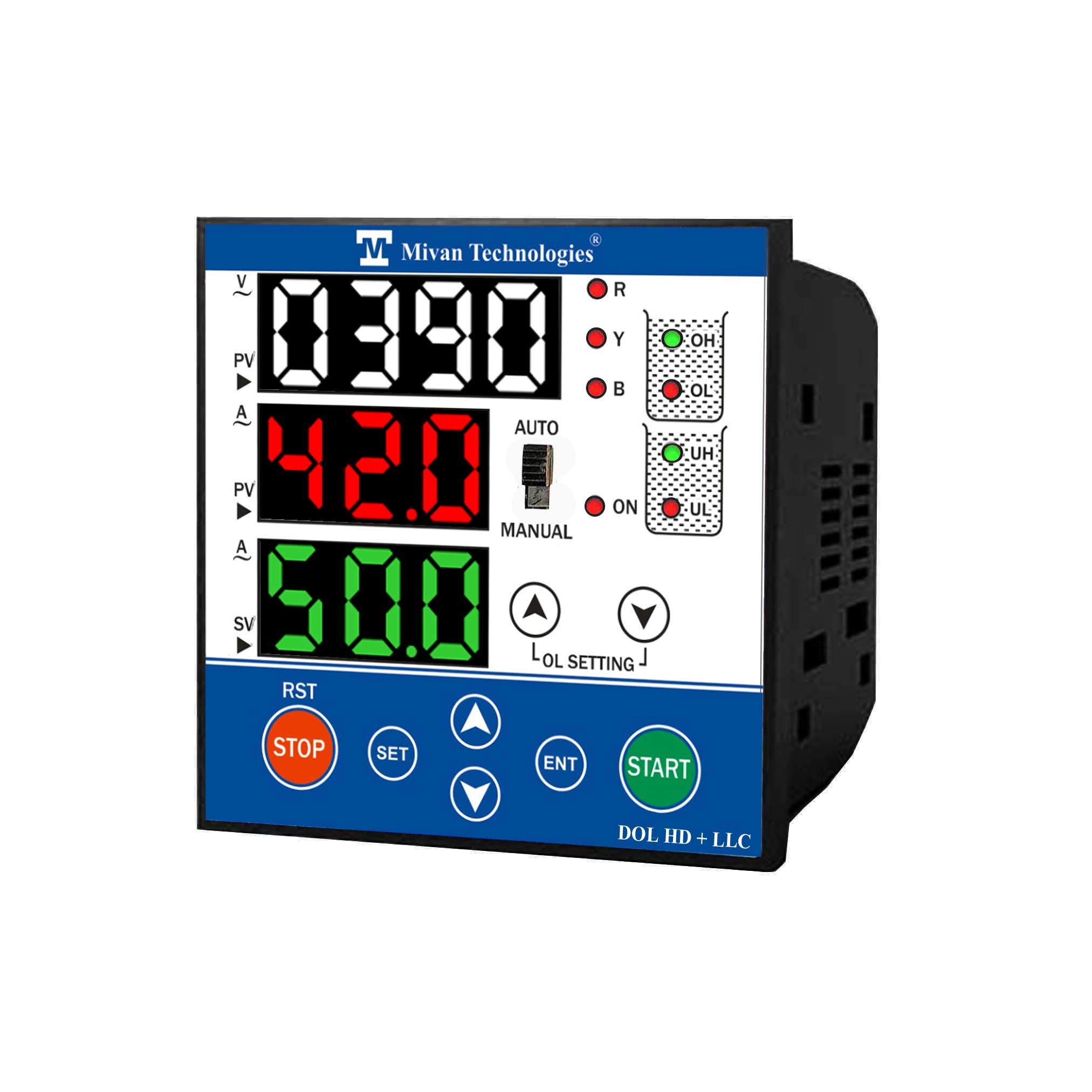 DOL 3D W 3 display instrument with water level controller to design any hp DOL starter to provide HV LV OL Dry protection with timer spp auto switch