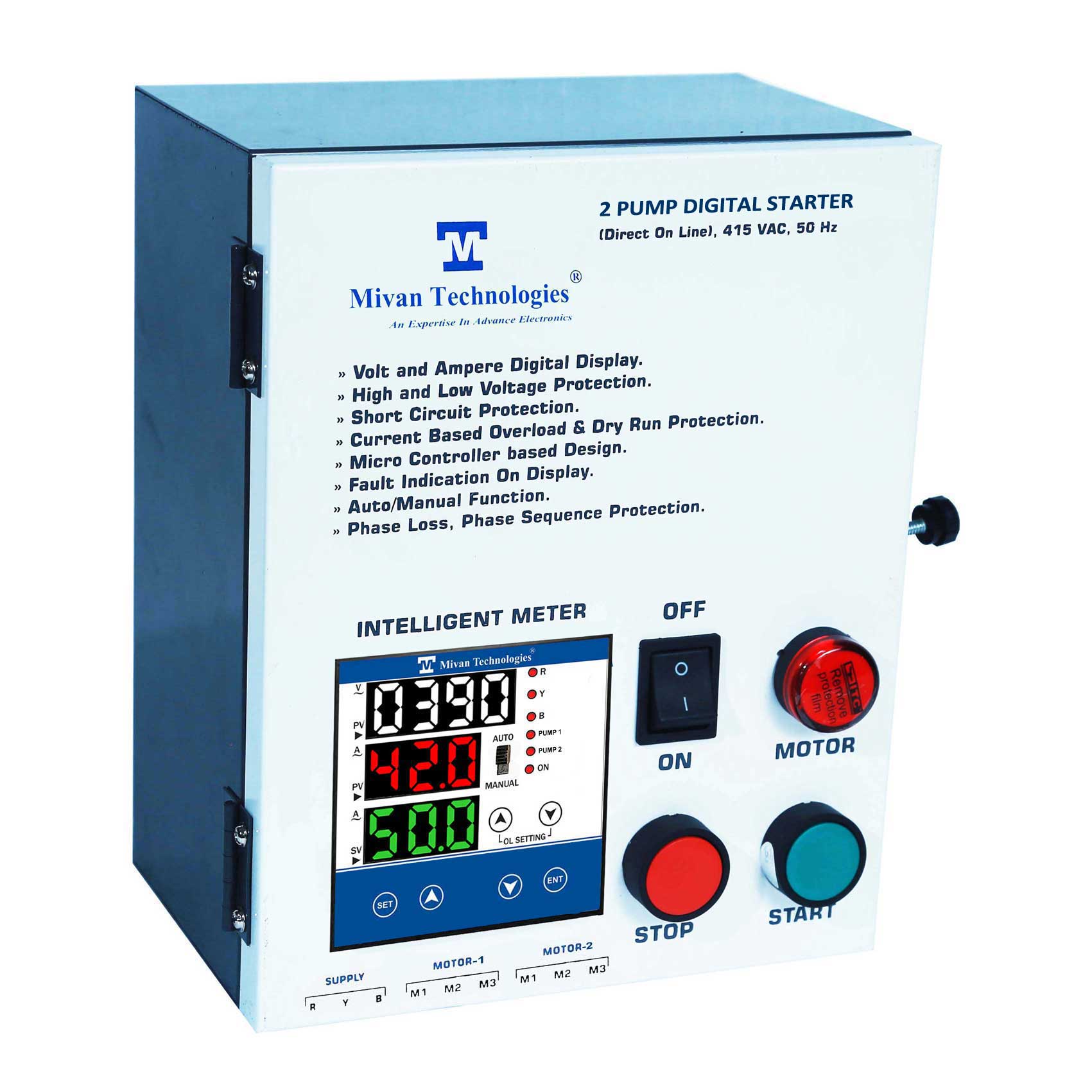 DOL DP 3 PHASE 2 PUMP DOL STARTER with HV LV OL Dry protection with Auto switch spp and timer suitable up to 10  HP operate 2 pump one by one