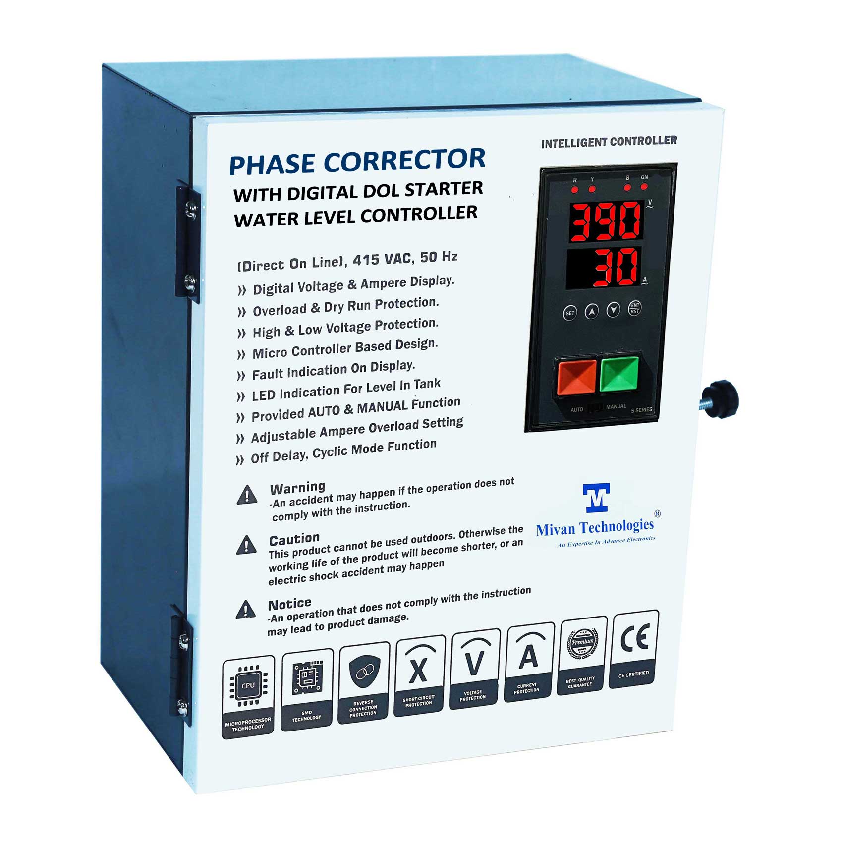 Phase corrector with water level controller with dol starter it will give correct phase sequence R Y B at output even there is not a correct sequence at input with HV LV OL DRY protection SPP and auto switch