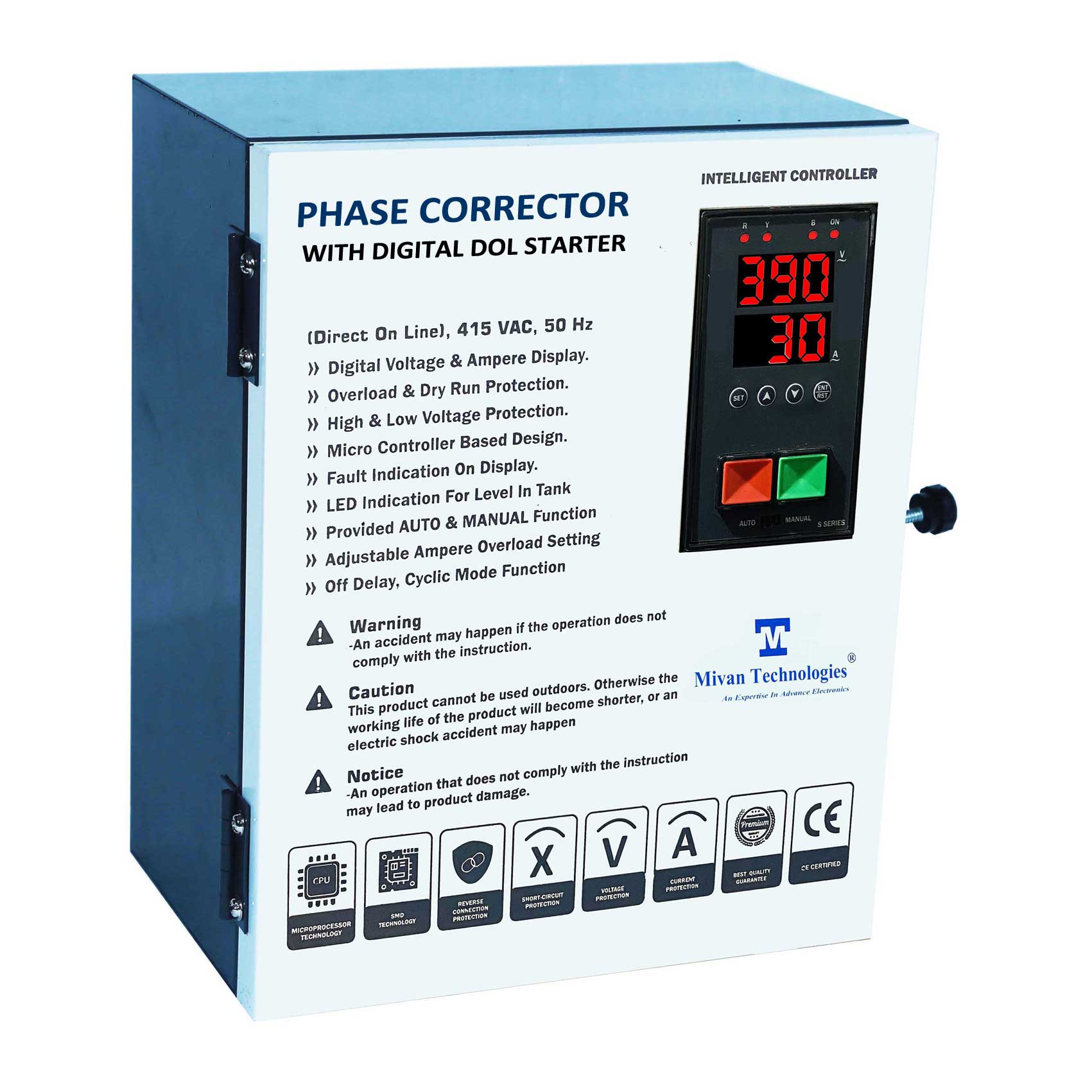 Phase corrector with DOL starter it will give correct phase sequence R Y B at output even there is not a correct sequence at input with HV LV OL DRY protection SPP and auto switch