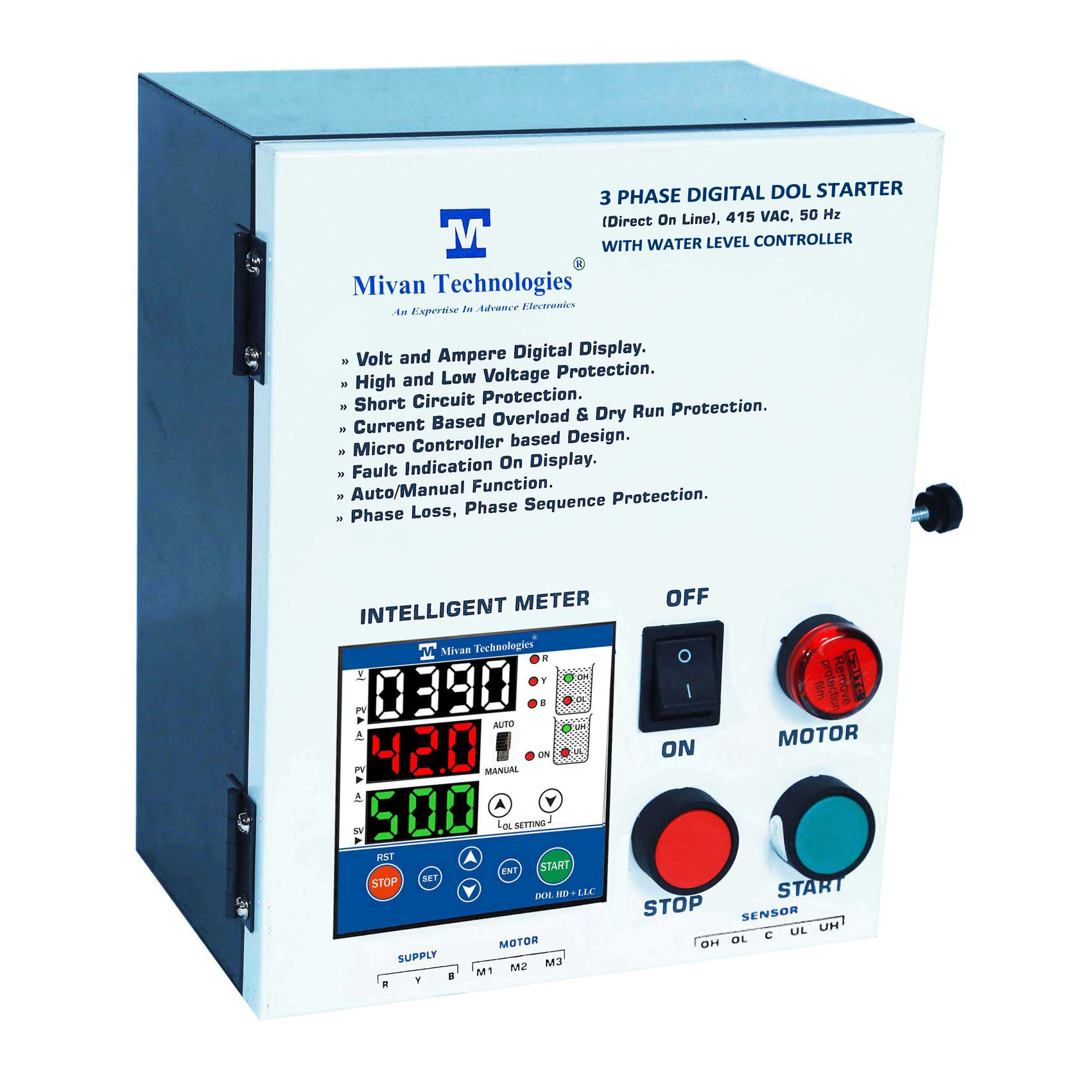 3 phase 3 display Heavy Duty Water level controller with DOL motor starter with HV LV OL Dry protection with Auto switch spp and timer suitable up to 50 hp DOL HD 3D LLC 90 A