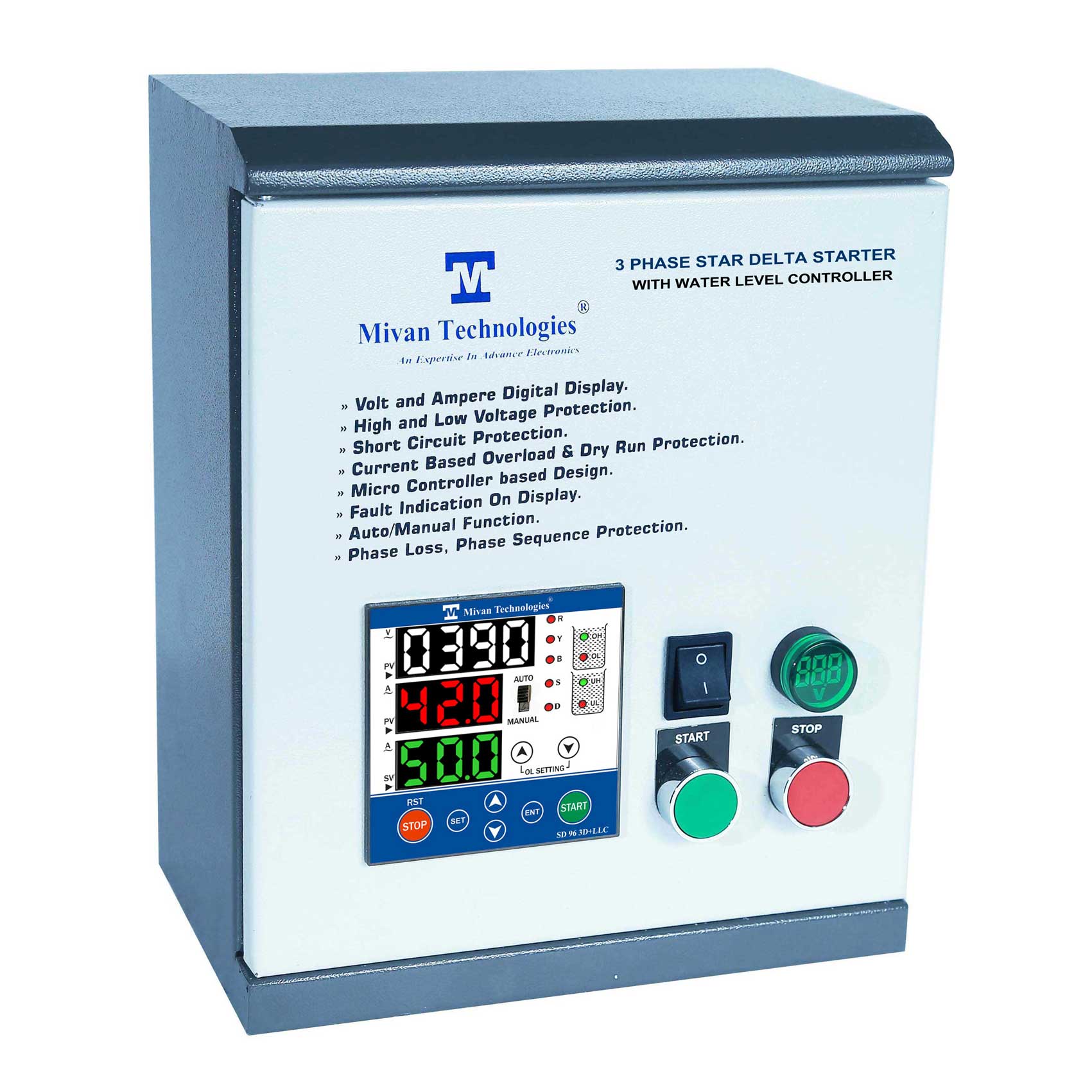 3 phase 3 display Heavy Duty water level controller with Star Delta motor starter with HV LV OL Dry protection with Auto switch spp and timer SD181812