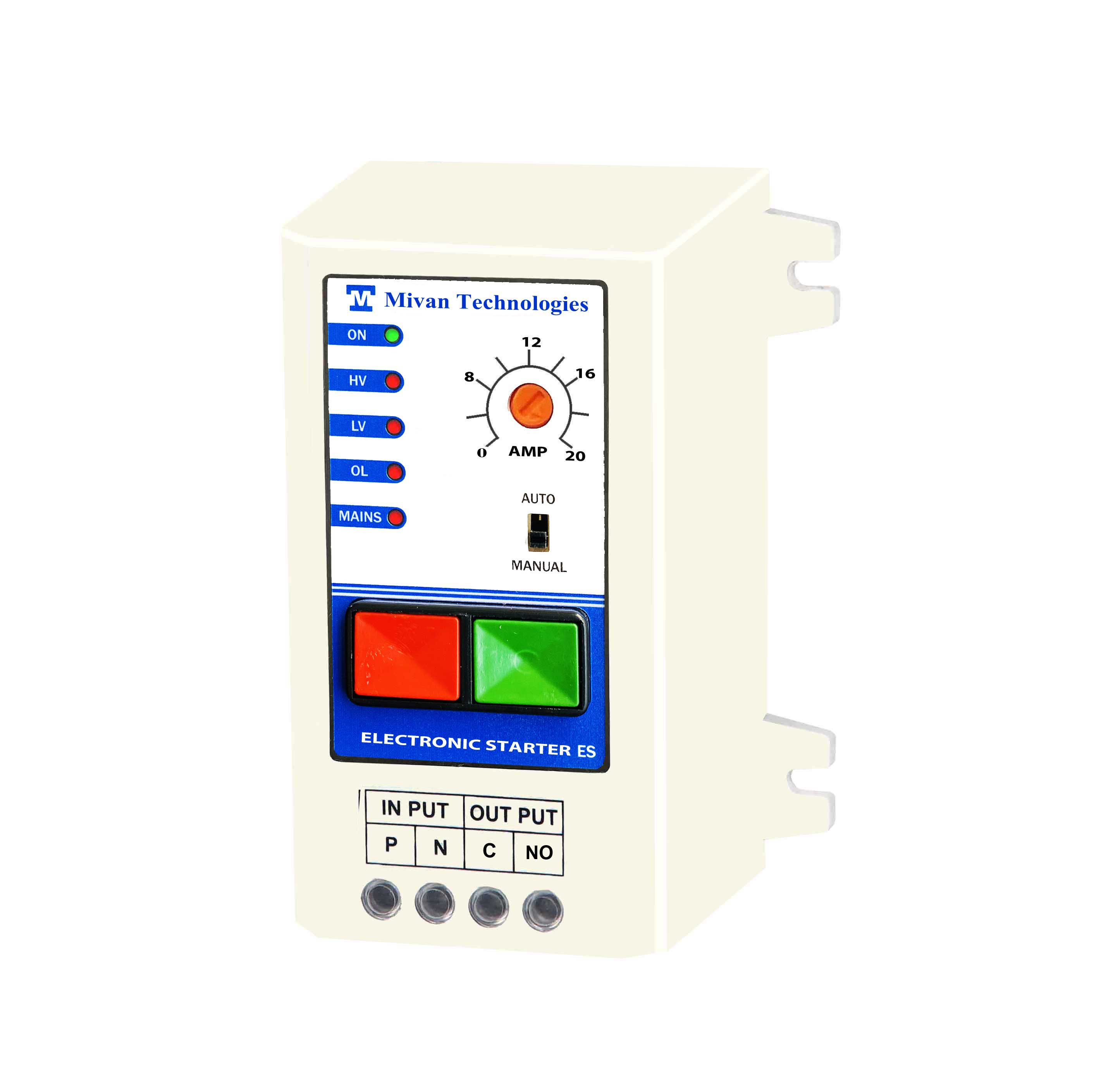 Single Phase motor starter with potential free relay output with high low voltage and overload protection suitable for all single phase appliances and motor  ES PS
