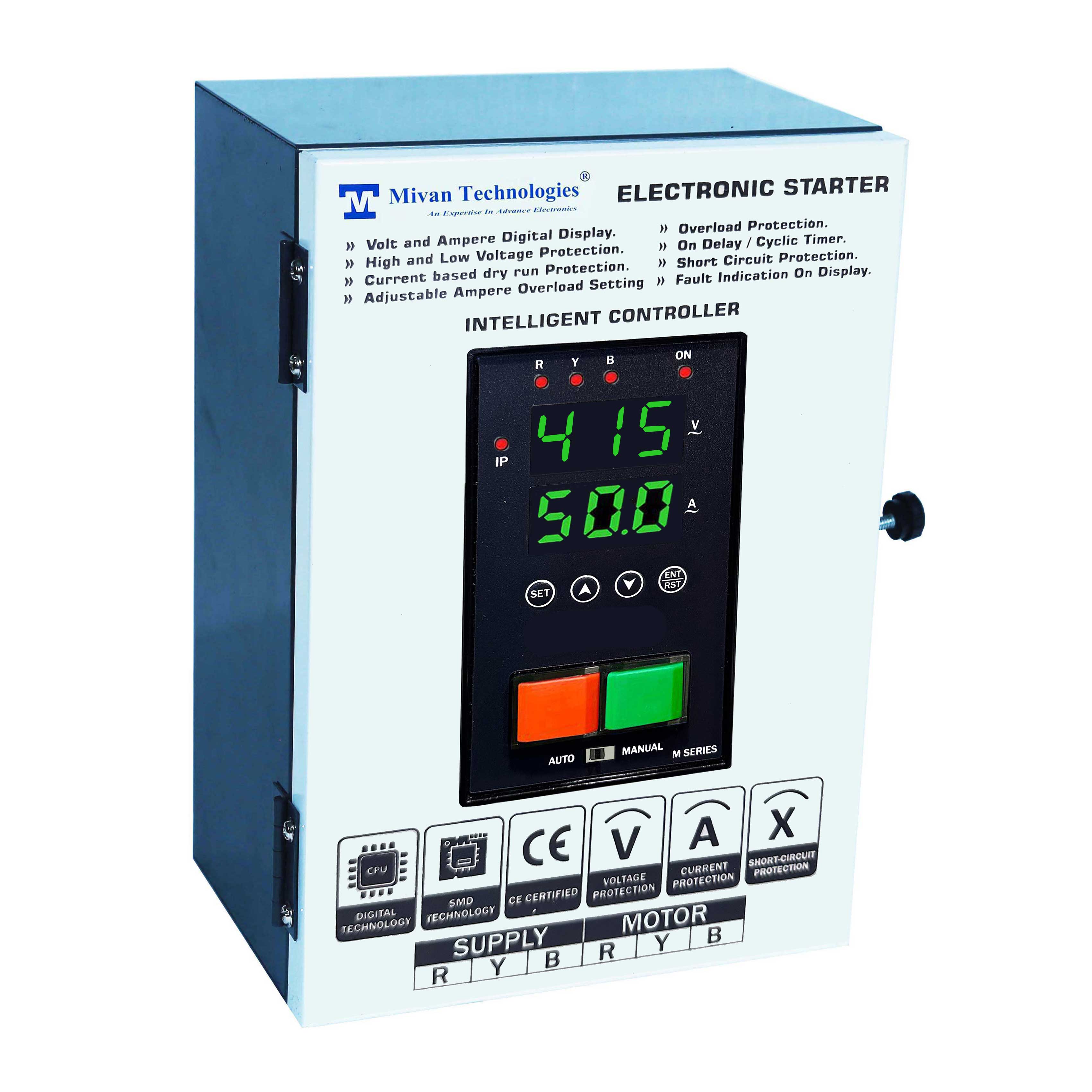 DP 301S Metal Enclosure 3 Phase DOL Digital Starter for 3 Phase Motor Suitable up to 10 hp Motor with HV LV OL Dry protections with SPP Auto switch and cyclic timer