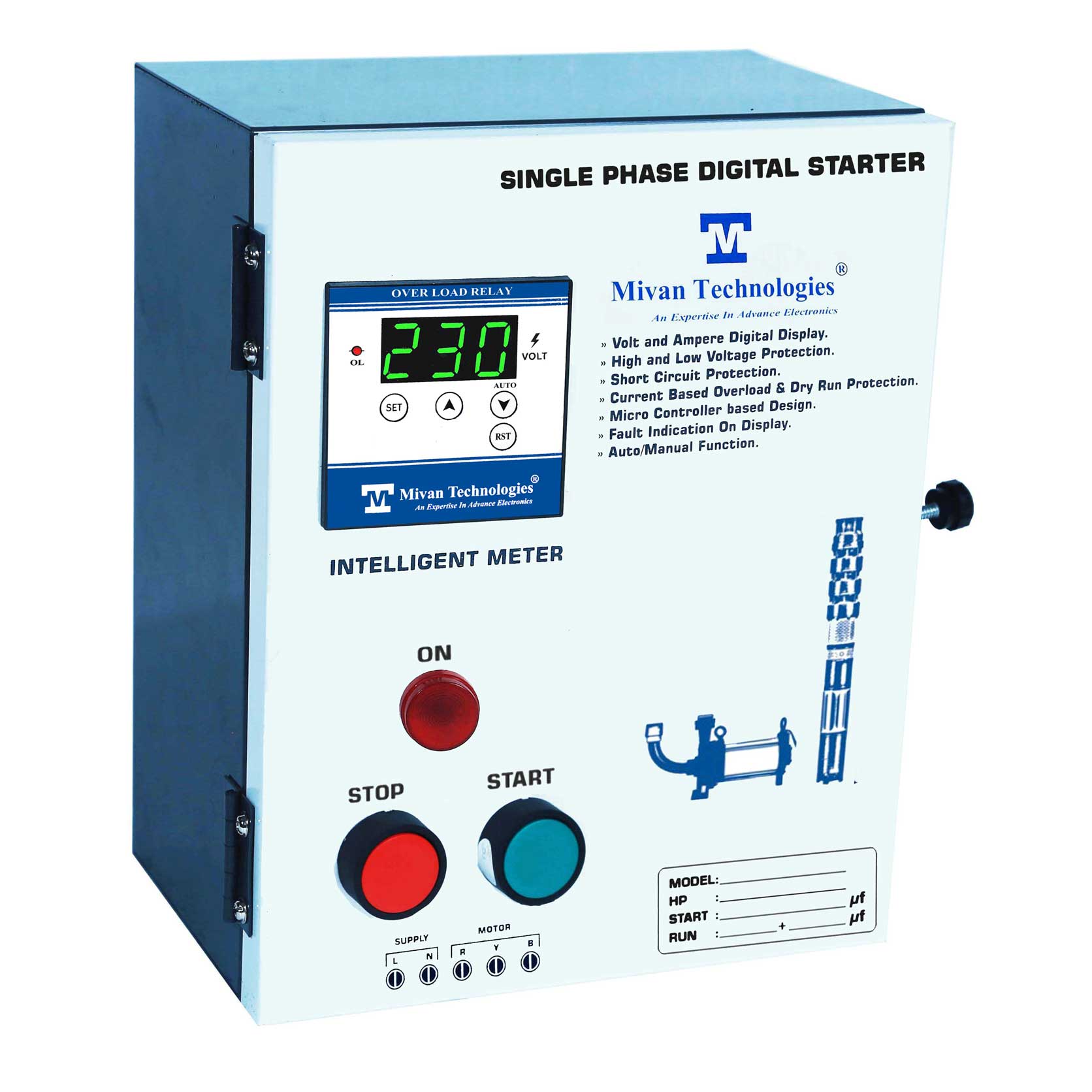 DS SR METAL Digital motor starter panel with start and run capacitor with volt and amp meter with HV LV OL DRY RUN Protection with timer suitable up to 1.5 HP motor