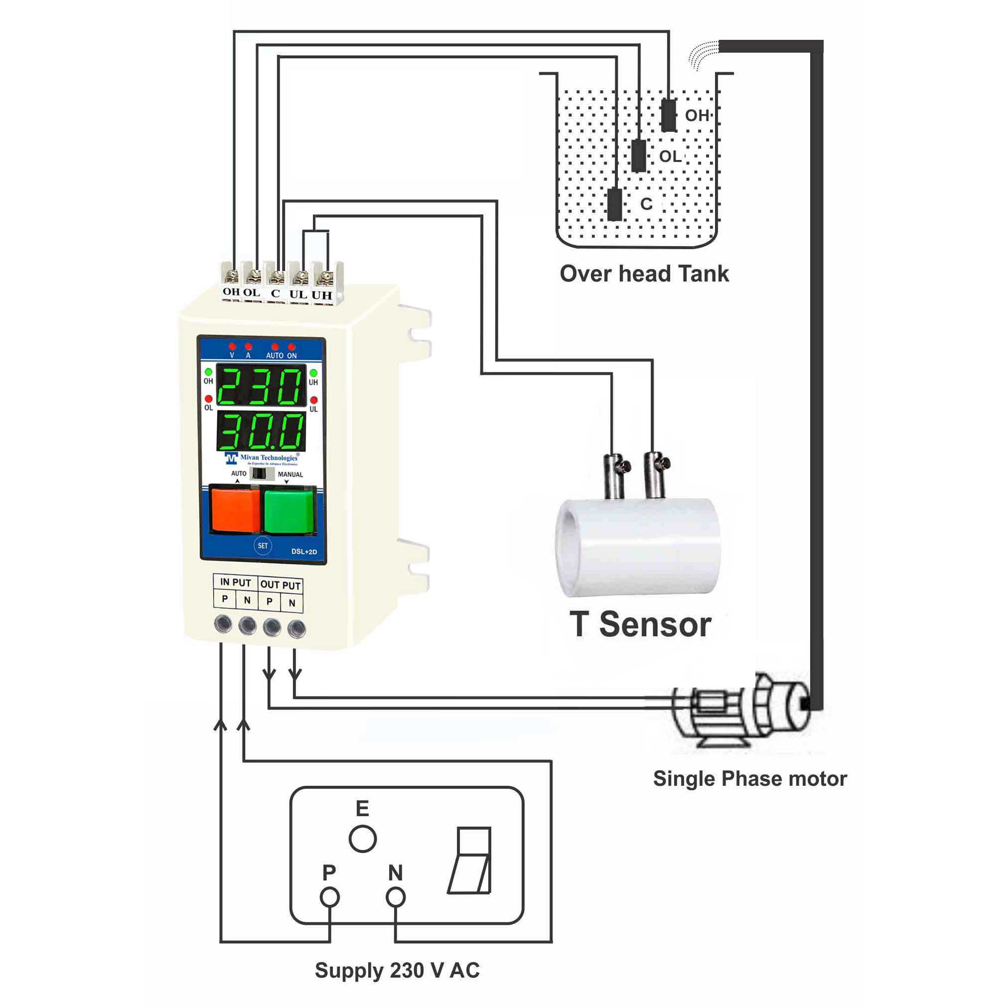 DSL T SENSOR With on delay timer When water comes in municipal line it starts the motor and when upper tank full it stops the motor
