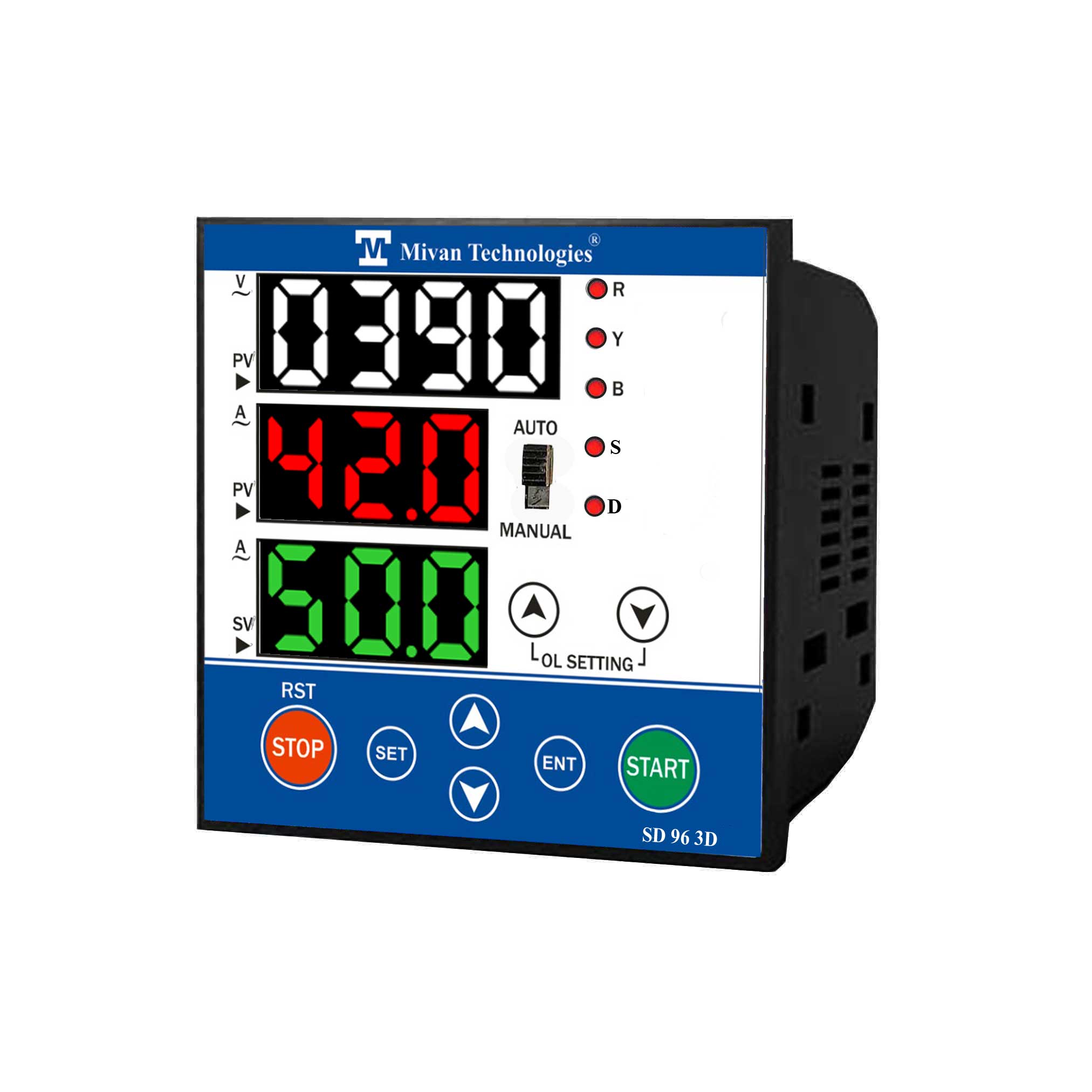 SD 3D 3 display instrument to design any hp Star Delta starter to provide HV LV OL Dry protection with timer spp auto switch