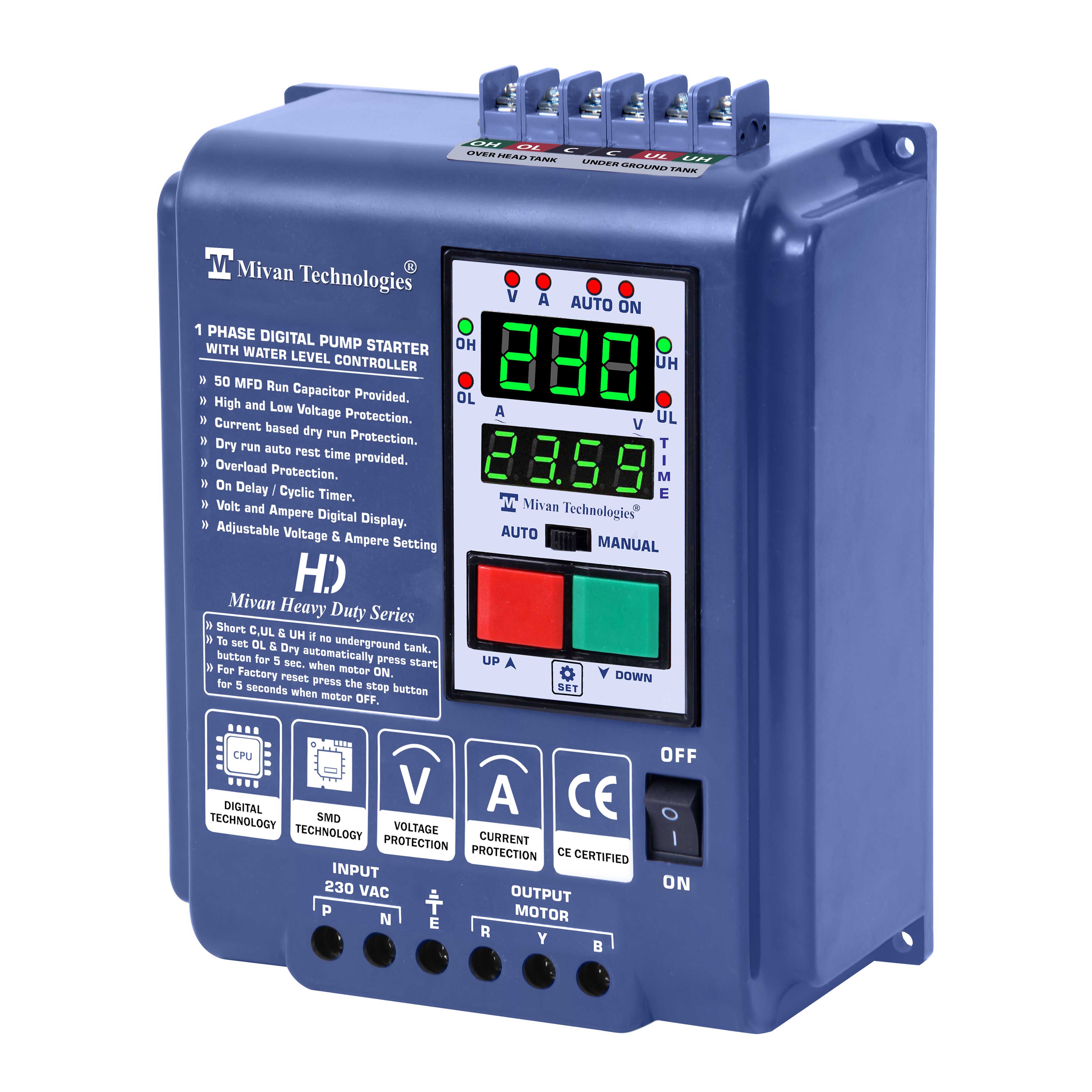 DSL R RTC HD Digital water level controller with REAL TIME TIMER with single phase starter with V A meter with HV LV OL DRY PROTECTION with cyclic TIMER