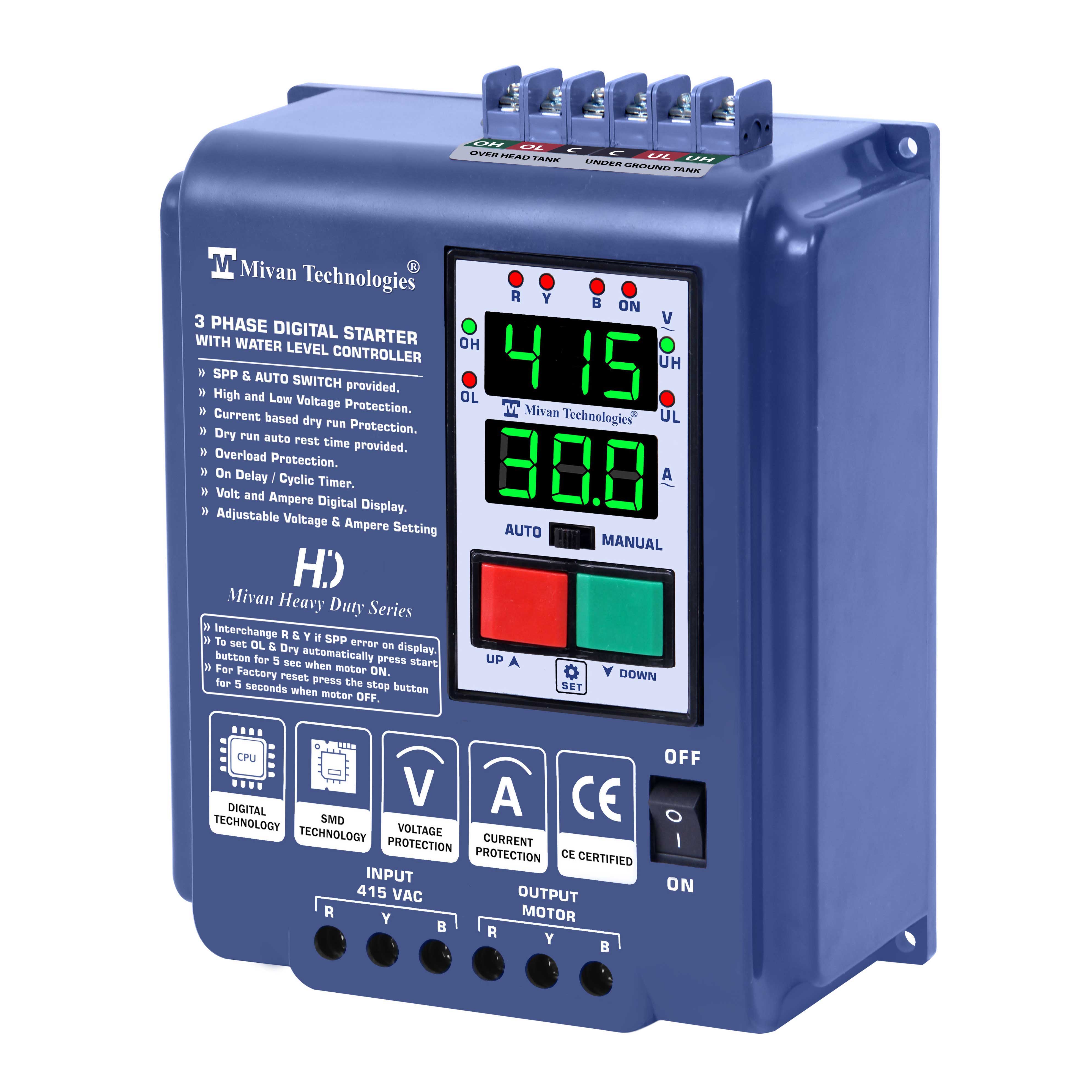 DP 301 LLC HD 3 phase water level controller with DOL DIGITAL starter suitable for motor up to 10 HP with HV LV OL DRY protection with SPP, AUTOSWITCH, TIMER