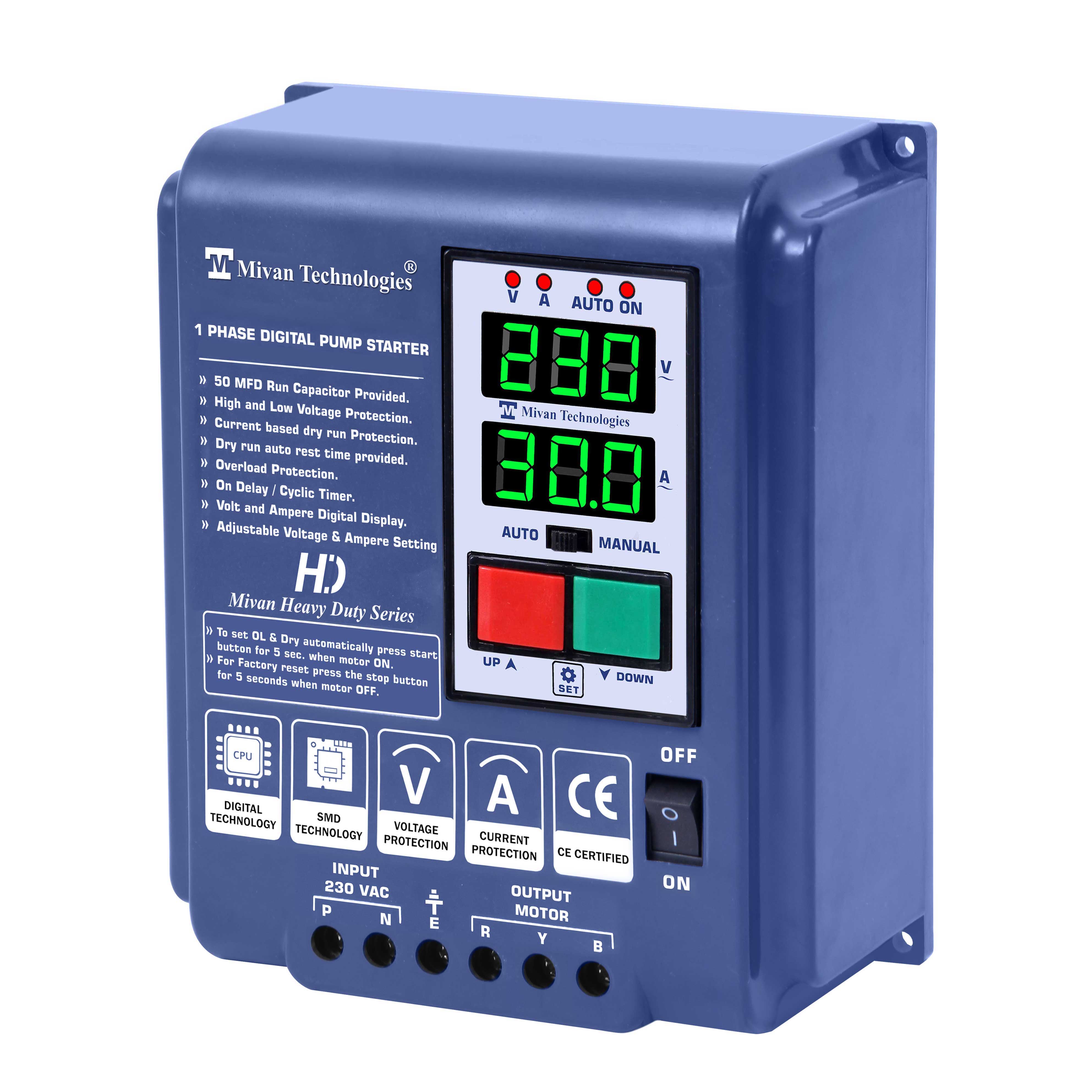 DS R Single phase Digital motor starter panel with volt and amp meter with HV LV OL DRY protection cyc timer on and off delay timer