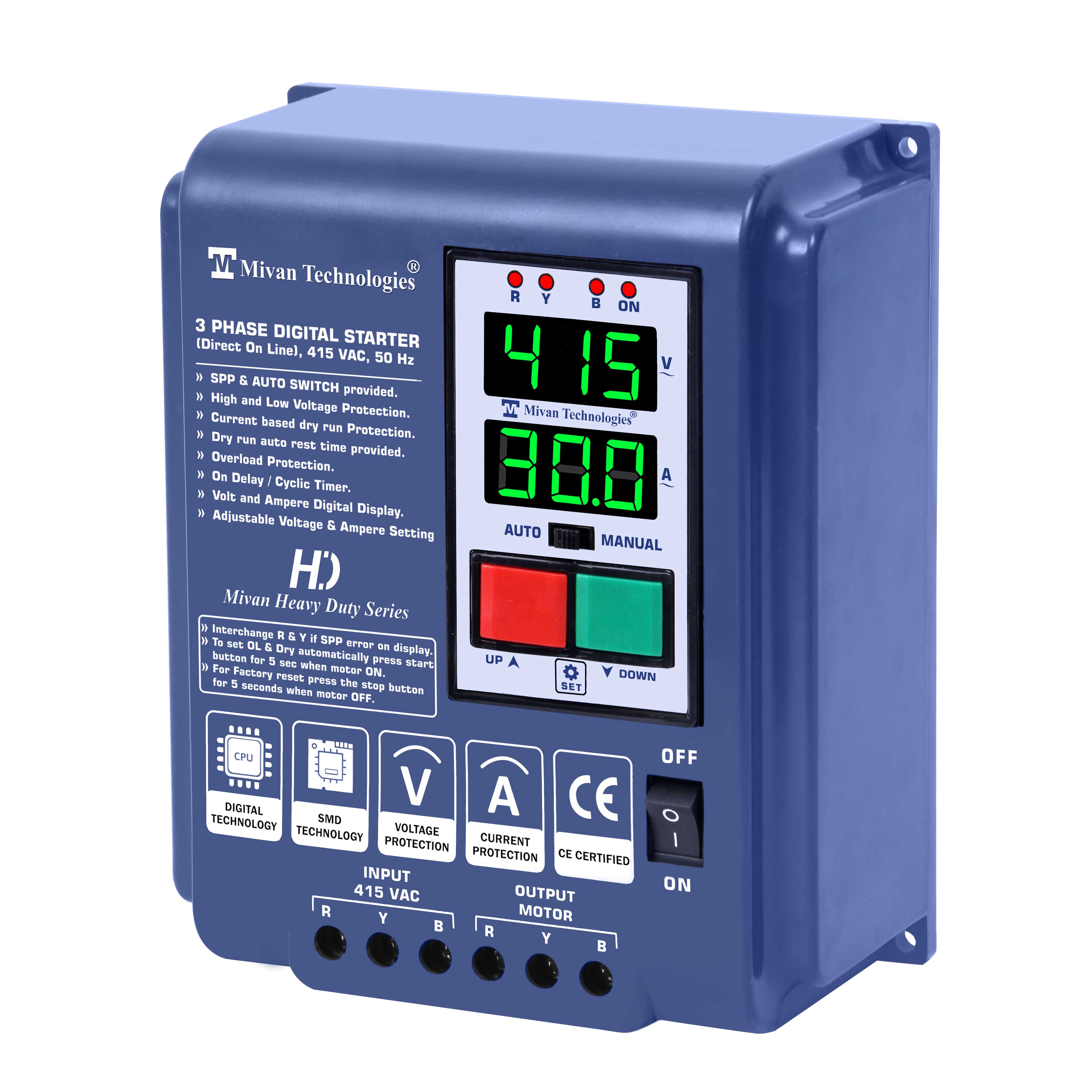 DP 301S 3 Phase DOL Digital Starter for 3 Phase Motor Suitable up to 10 hp Motor with HV LV OL Dry protections with SPP Auto switch and cyclic timer