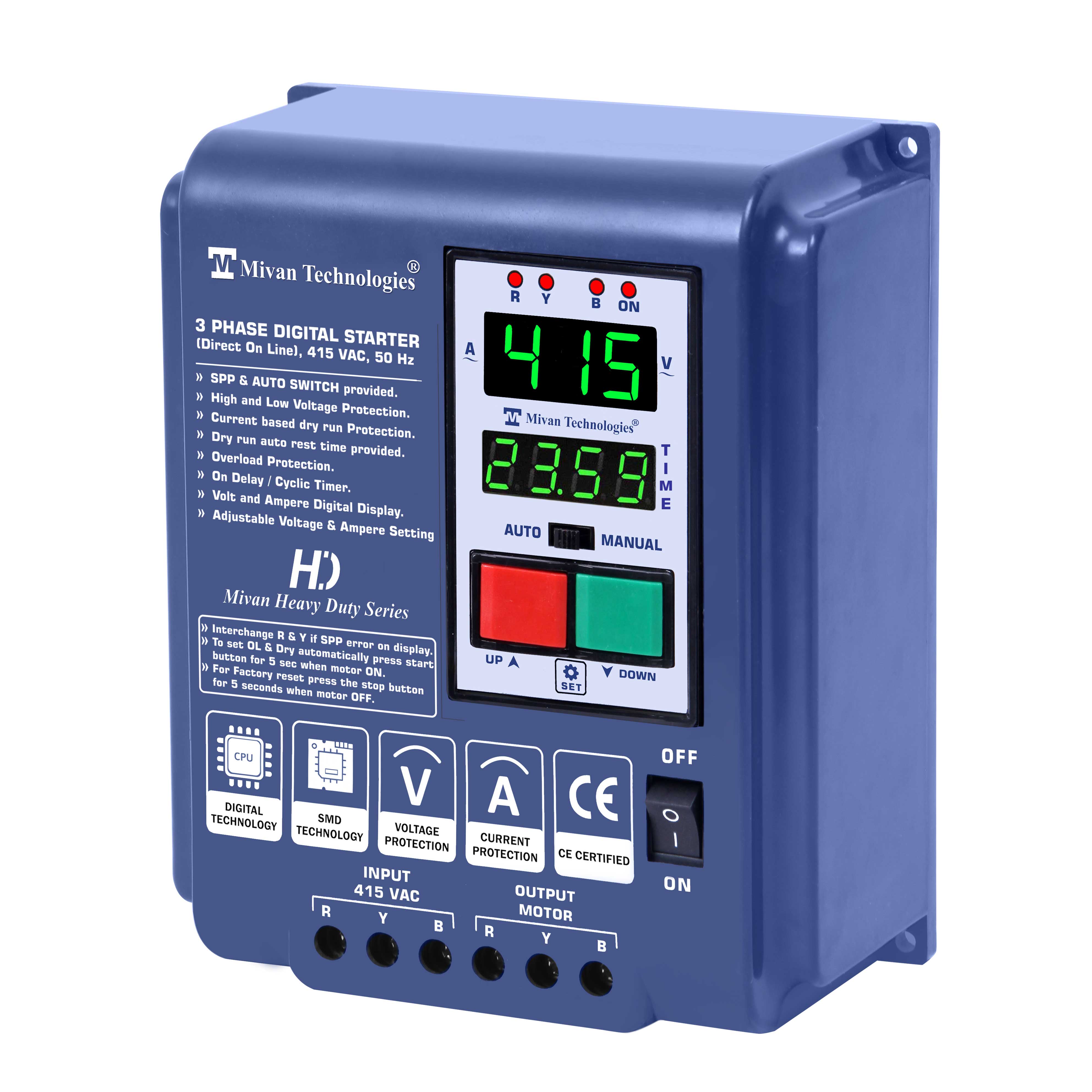 DP301S  RTC 3 PHASE Digital DOL starter with REAL TIME TIMER with V A meter with HV LV OL DRY PROTECTION with cyclic TIMER with SPP and Auto switch