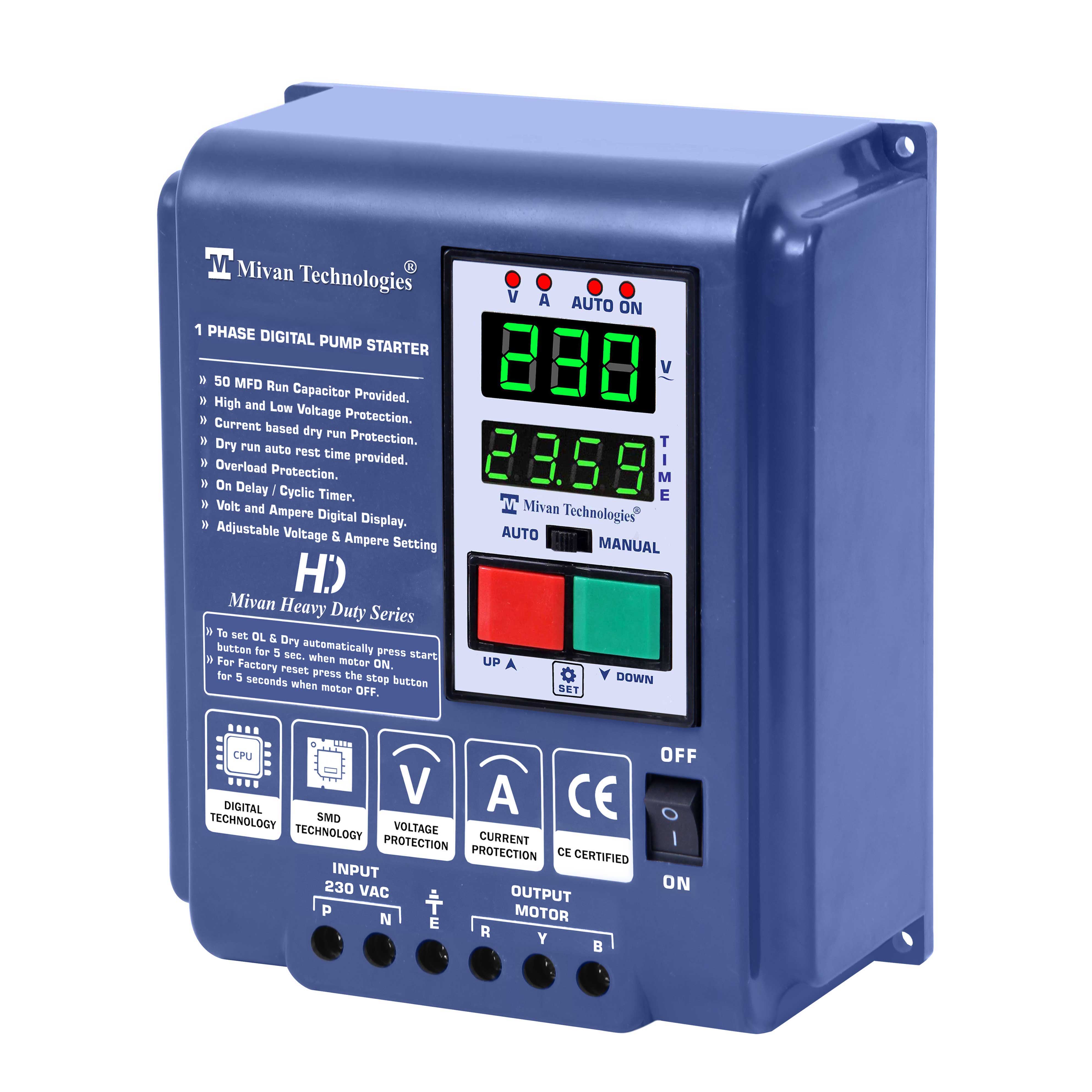 DS R RTC HD Single Phase Digital starter with REAL TIME TIMER with V A meter with HV LV OL DRY PROTECTION with cyclic TIMER