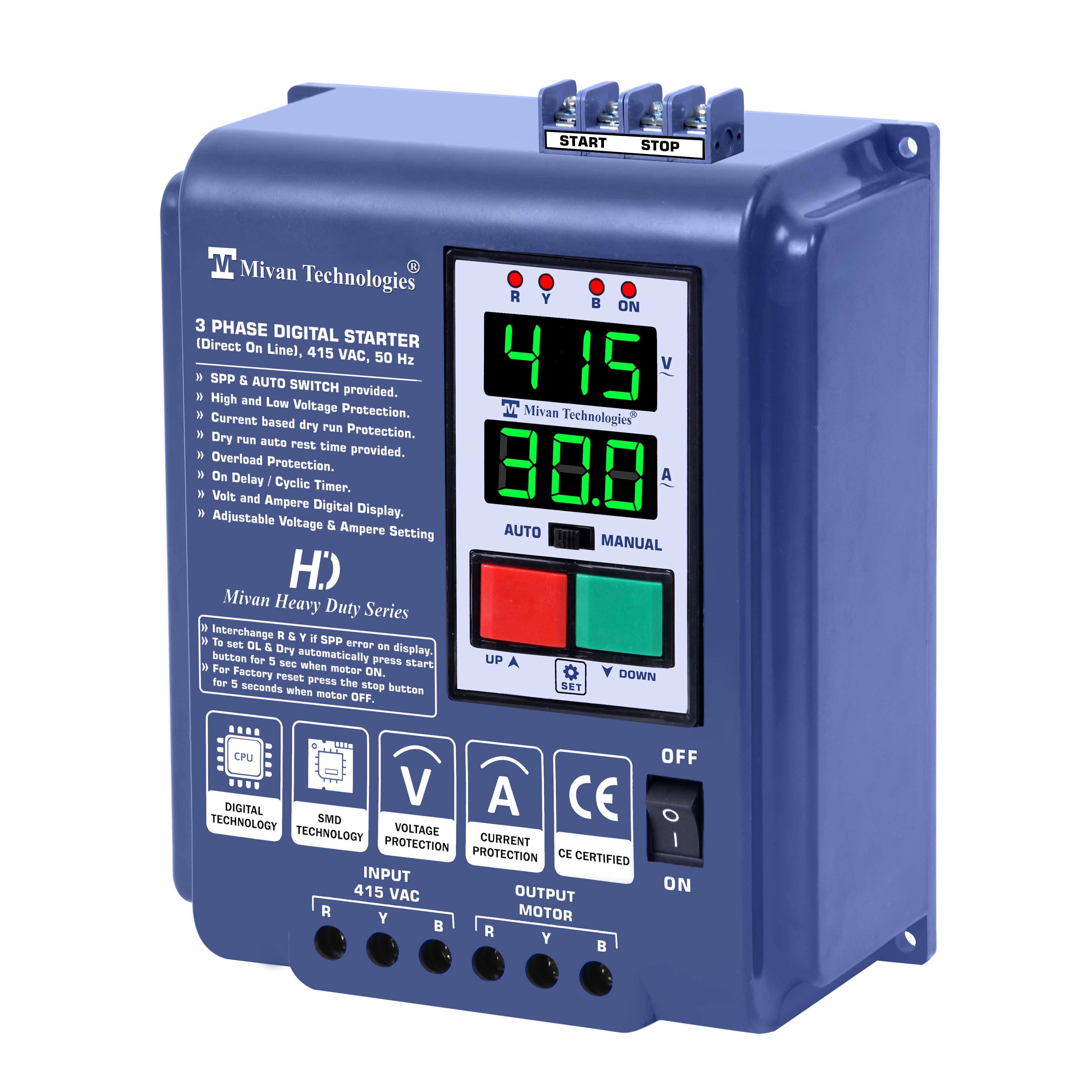 DP 301S SE HD 3 Phase DOL Digital Starter with external start stop connection for 3 Phase Motor Suitable up to 10 hp Motor with HV LV OL Dry protections with SPP Auto switch and cyclic timer