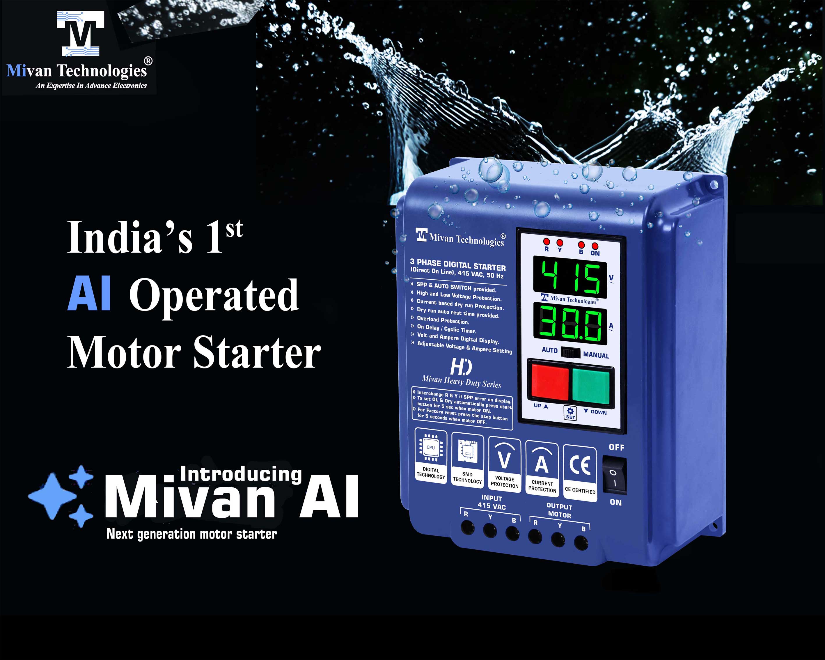 AI Operated 3 Phase DOL Digital Starter for 3 Phase Motor Suitable up to 10 hp Motor with HV LV OL Dry protections with SPP Auto switch and cyclic timer