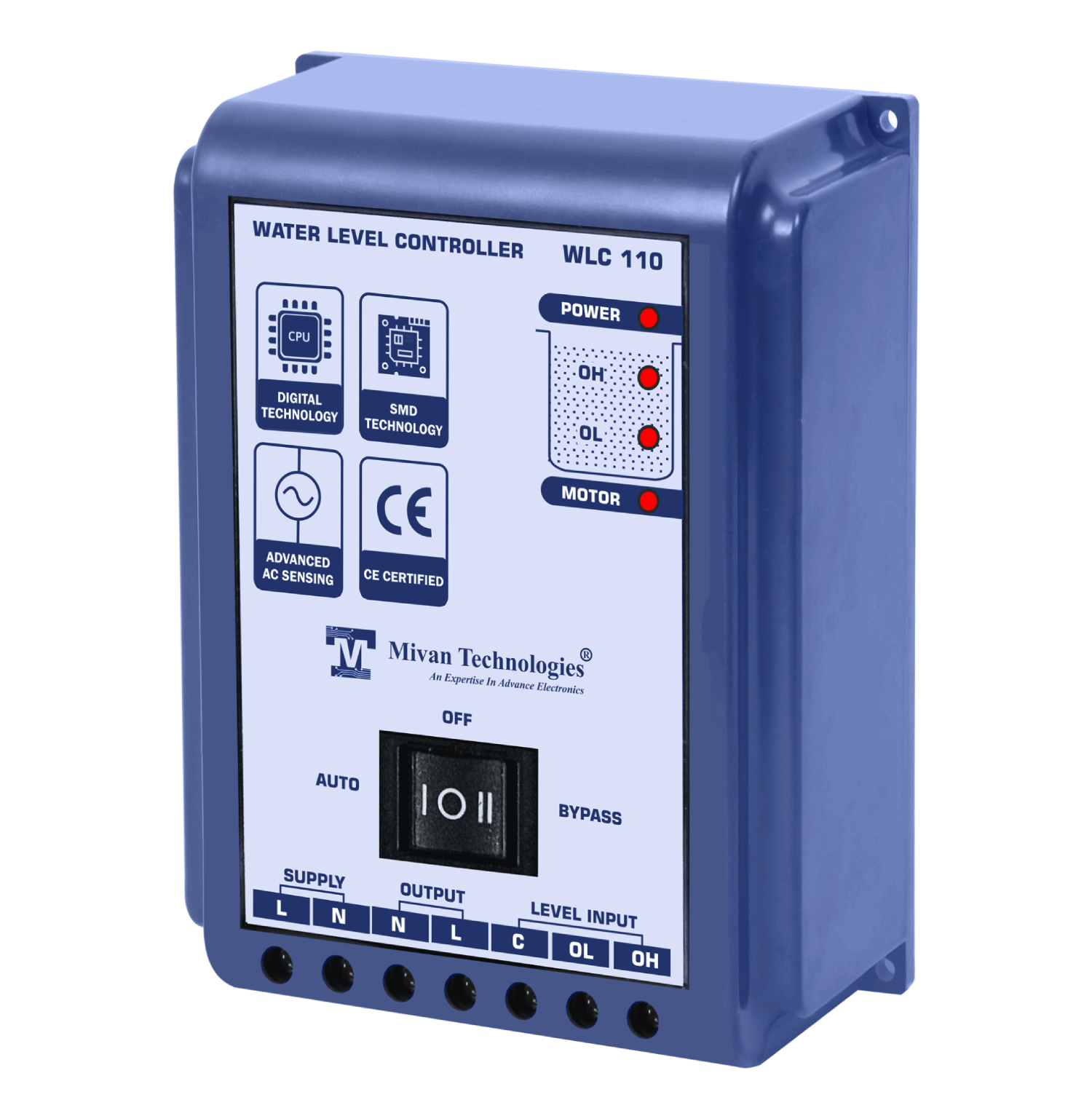 WLC 110 HD 30 A Relay Water Level Controller and 3 sensors suitable up to 3 HP motor with water level indications fully automatic