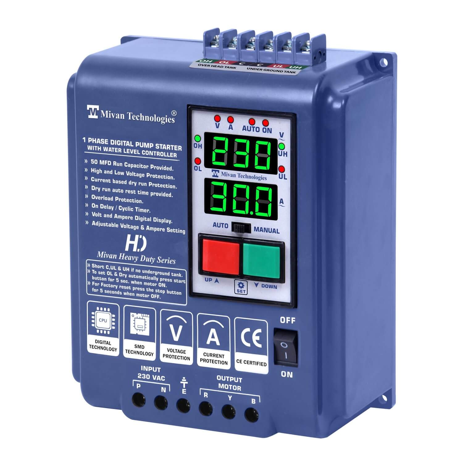 DSL R HD Digital water level controller and starter panel with HV LV OL DRY protection with cyclic timer and delay timer