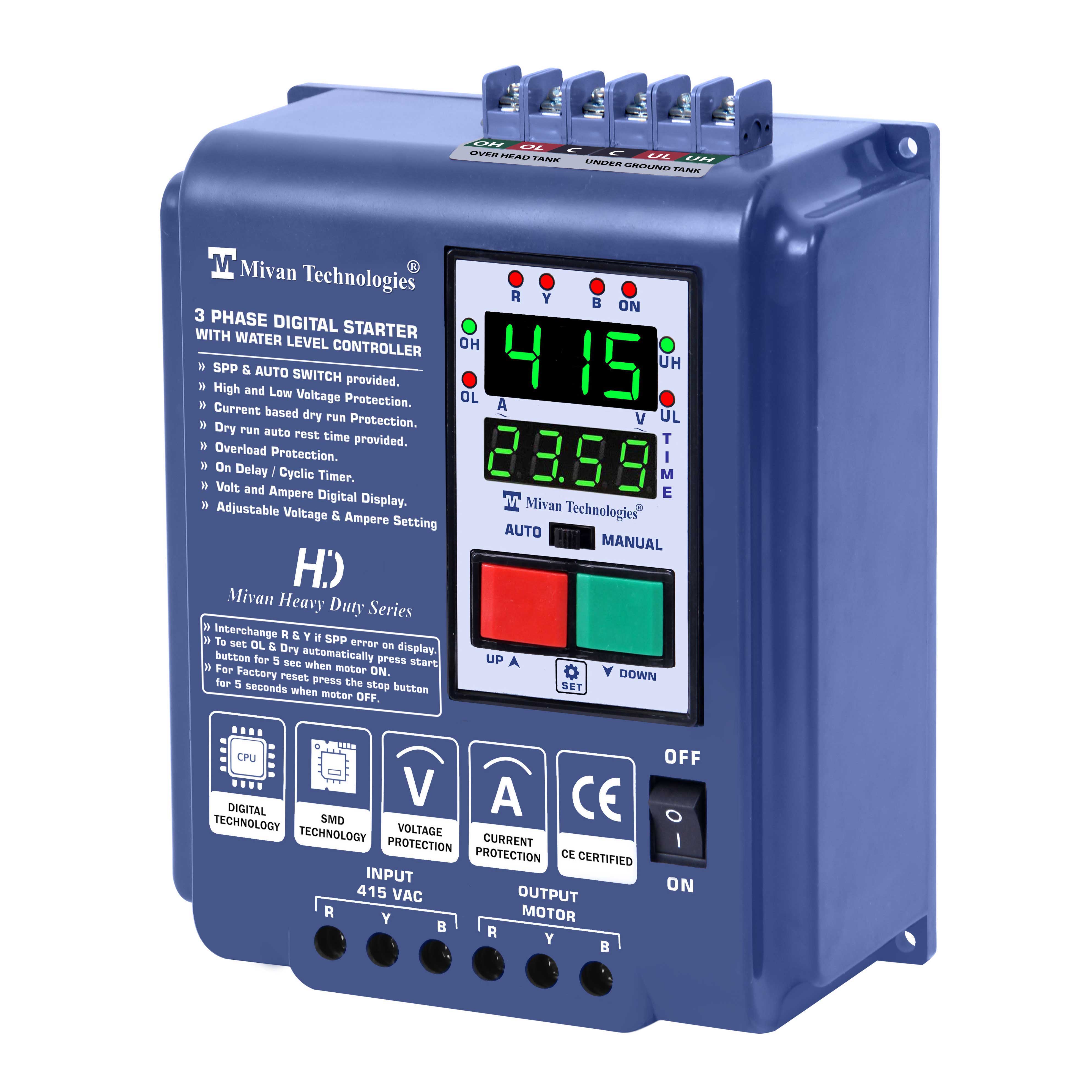 DP301 LLC RTC HD 3 PHASE Digital water controller with REAL TIME TIMER with DOL starter with V A meter with HV LV OL DRY PROTECTION with cyclic TIMER with SPP and Auto switch