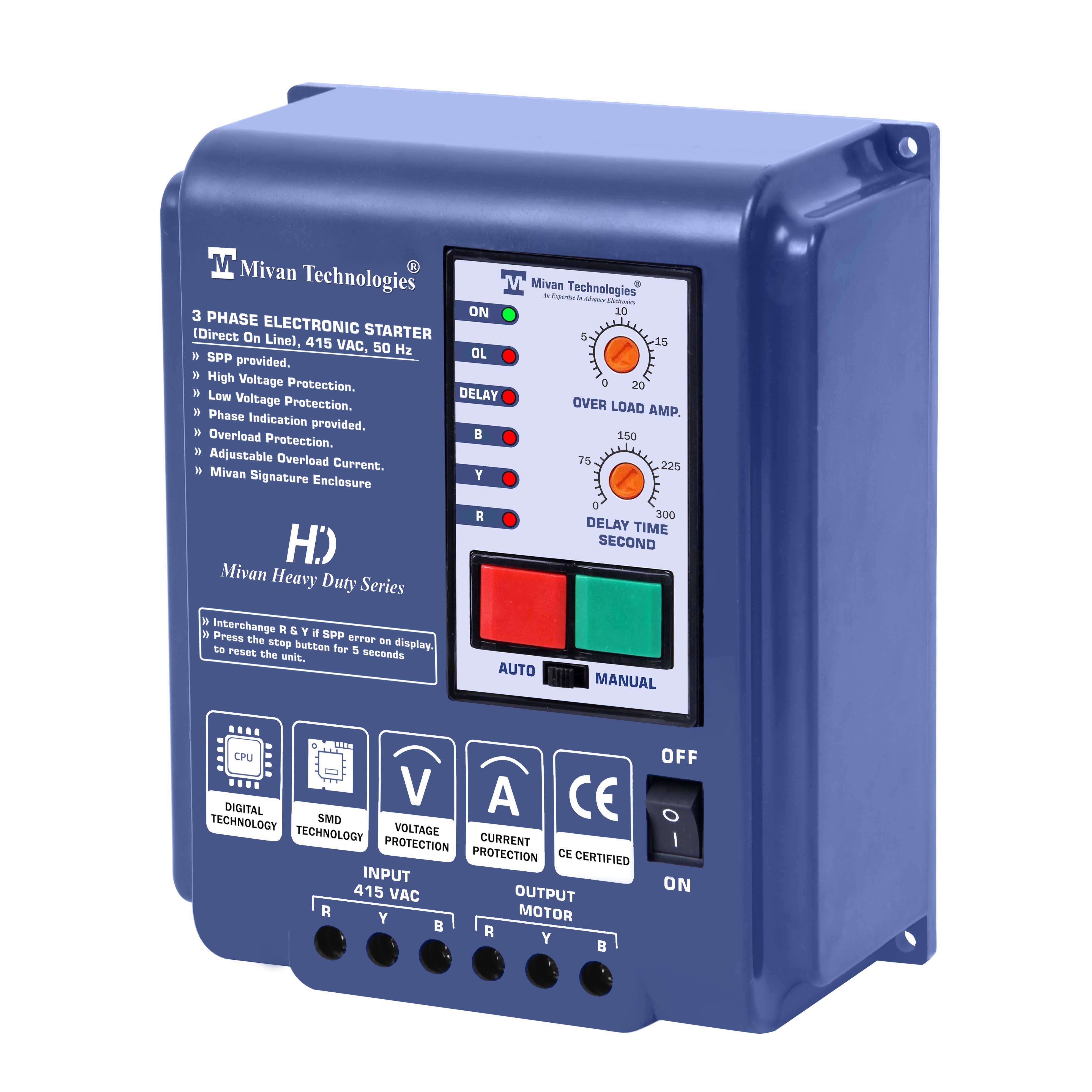 STS TIMER HD 3 phase DOL electronic starter for 3 phase motor suitable up to 10 hp motor with HV LV OL PROTECTIONS with SPP and Auto switch timer