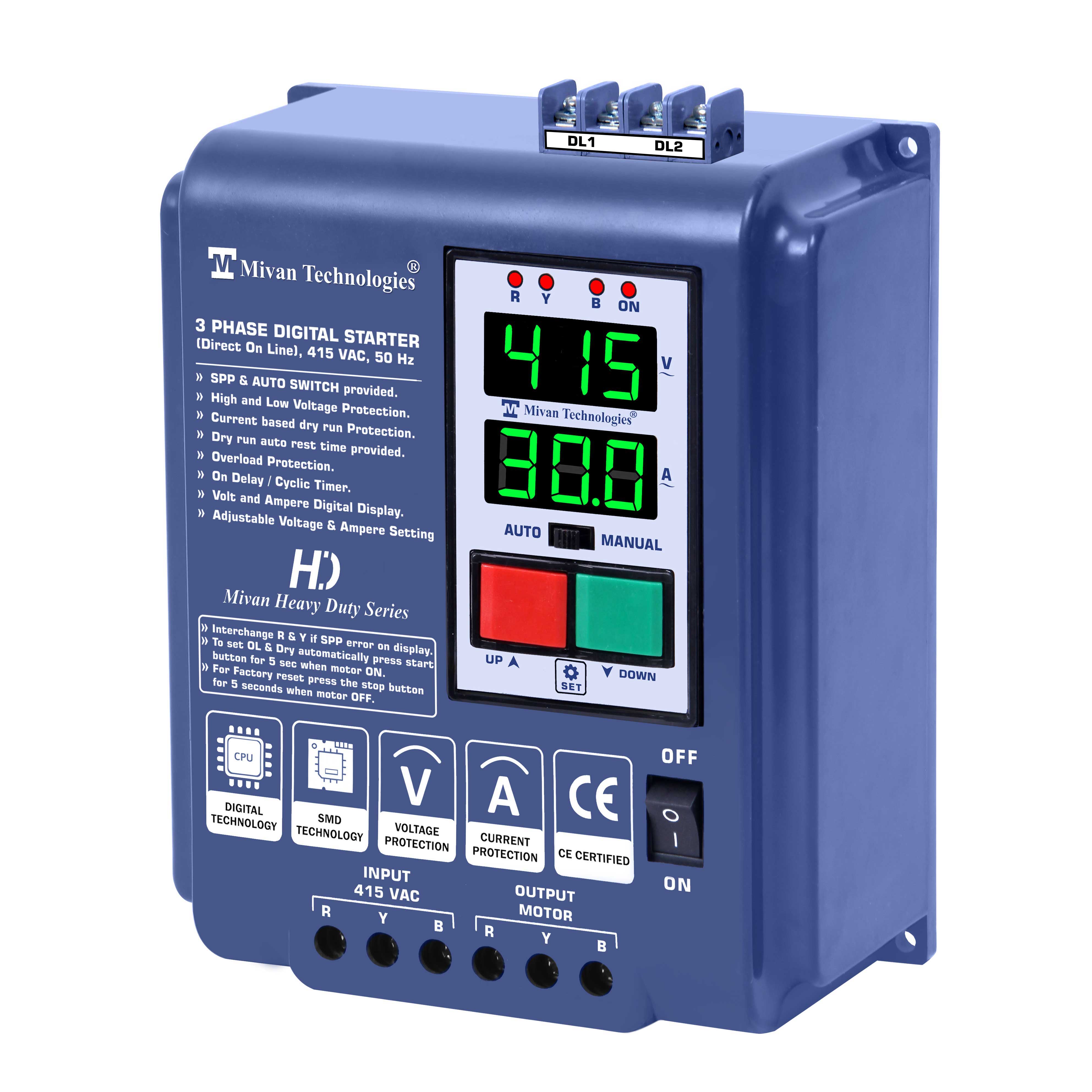 DP 301S CO HD 3 Phase DOL Digital Starter for 3 Phase compressor Motor Suitable up to 10 hp Motor with HV LV OL Dry protections with SPP Auto switch and cyclic timer